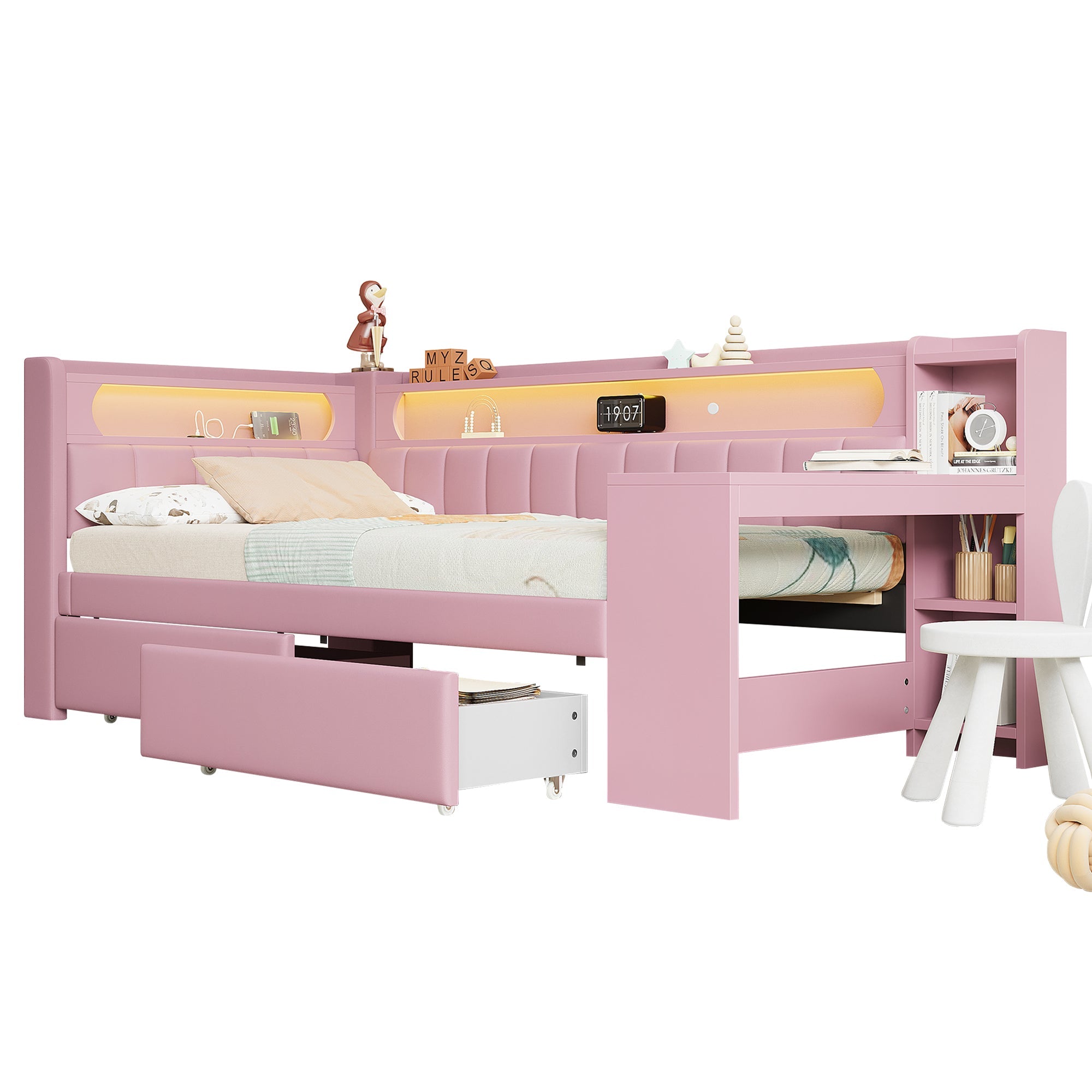 Logidon Daybed 90x200 gestoffeerd met USB en LED en bureau roze