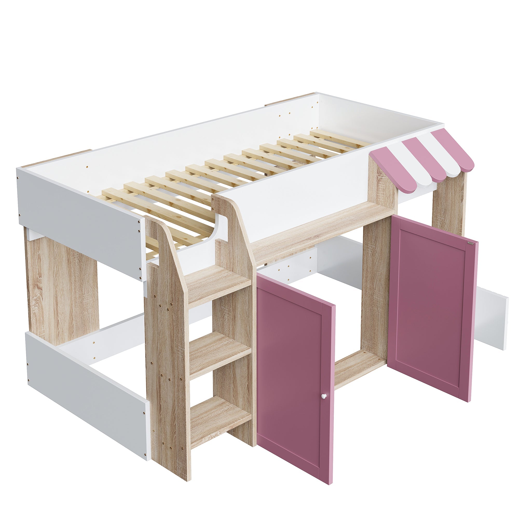 Logidon House Bed Kinderbed 90x200 met opbergruimte en ladder wit roze