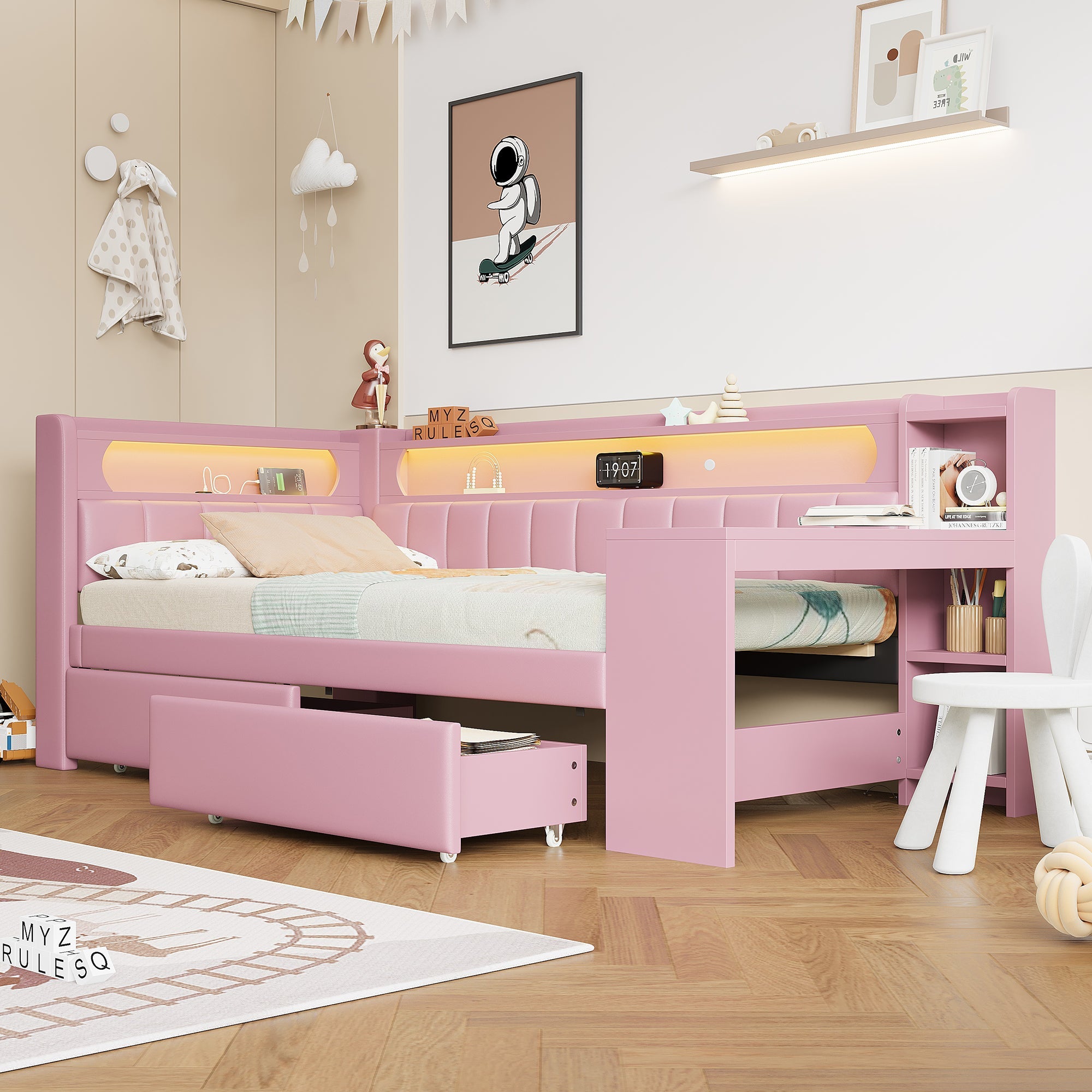 Logidon Daybed 90x200 Upholstered With USB And LED And Desk Pink