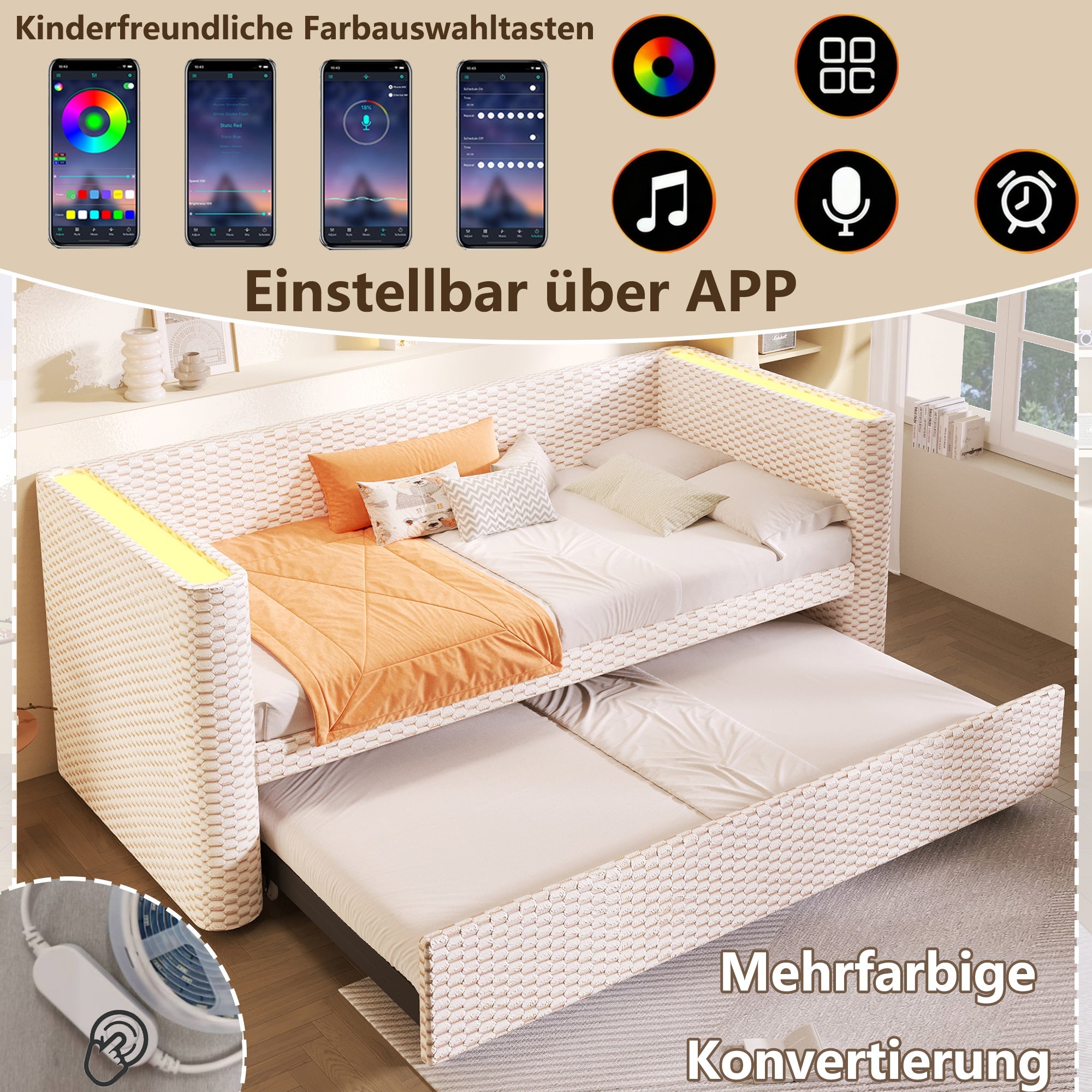Logidon dagbed slaapbank beige fluweel 90x200/180x200 LED