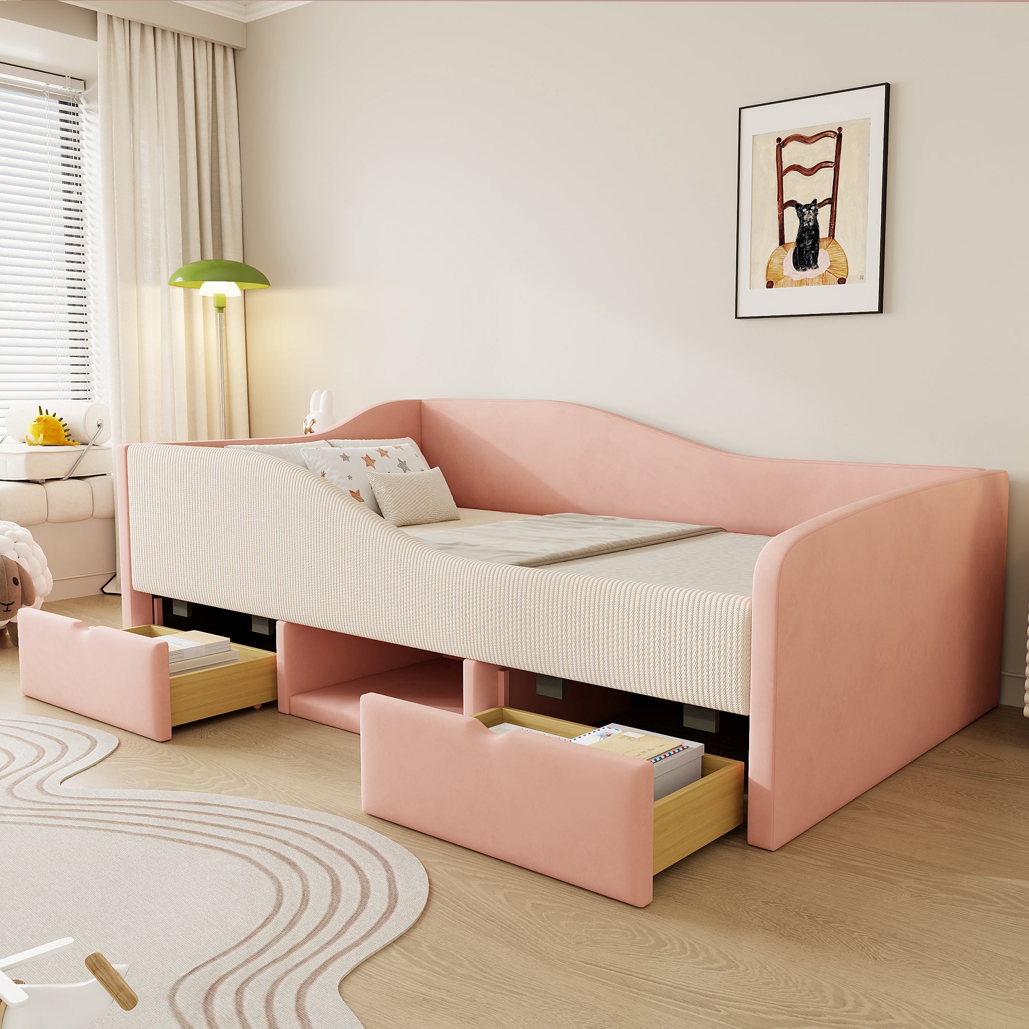 Logidon gestoffeerd bed 90x190 roze crème wit fluweel stof twee lades