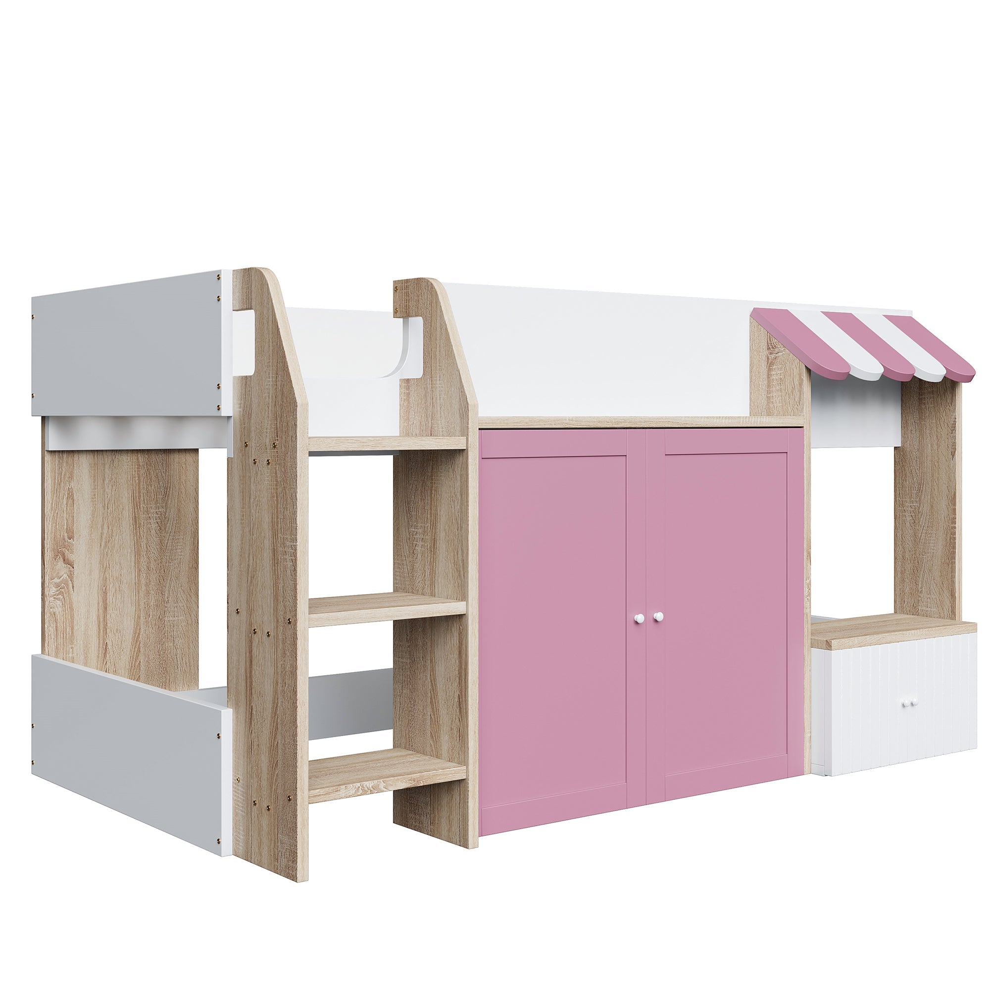 Logidon House Bed Kinderbed 90x200 met opbergruimte en ladder wit roze