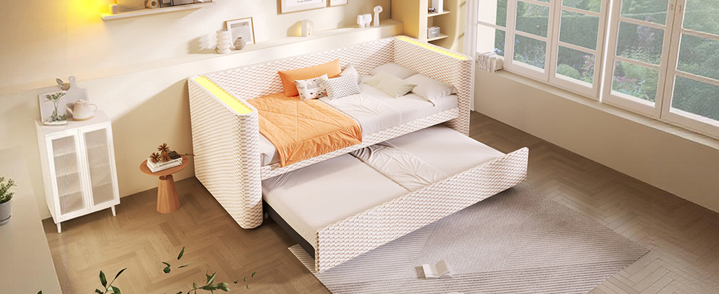 Logidon dagbed slaapbank beige fluweel 90x200/180x200 LED