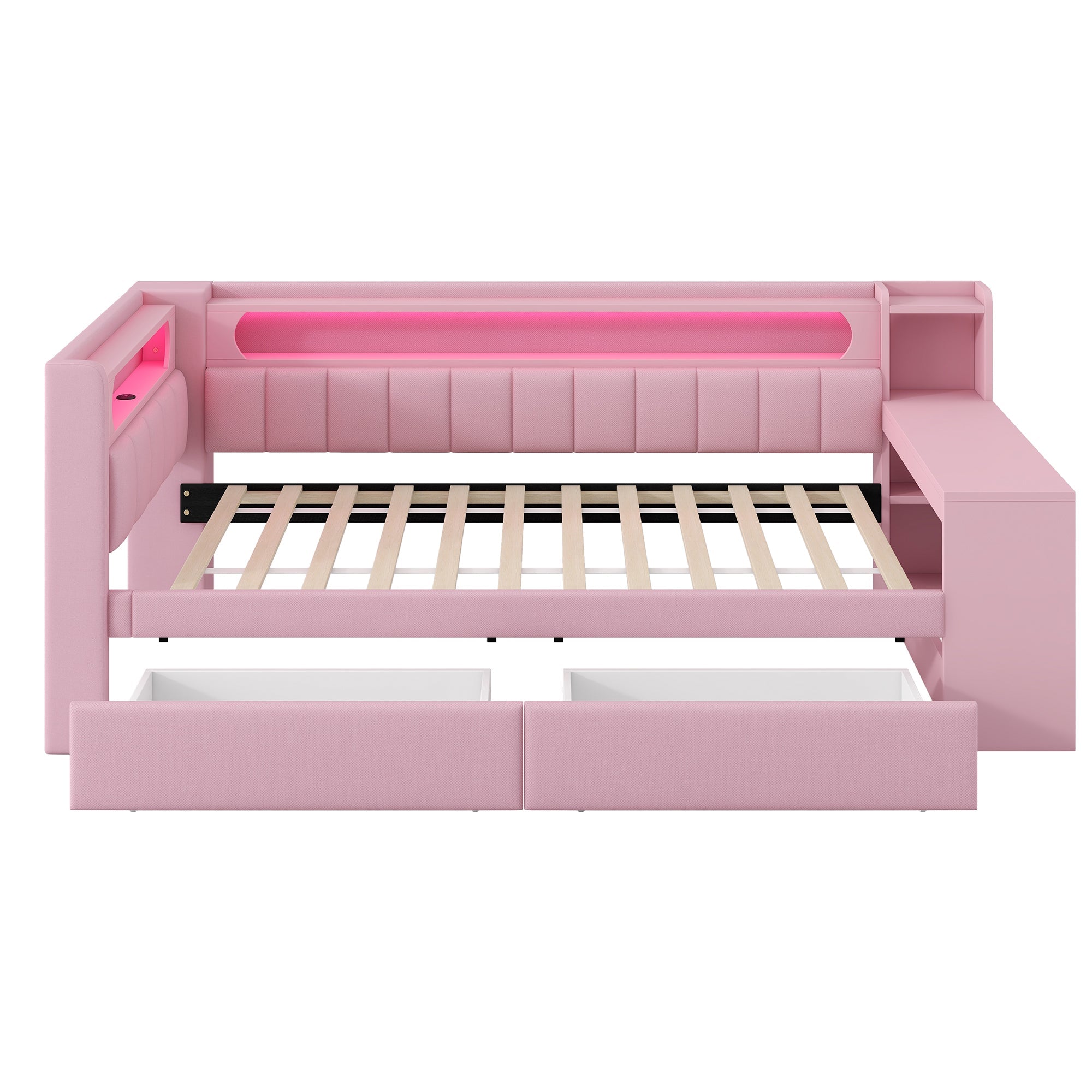 Logidon Daybed 90x200 Upholstered With USB And LED And Desk Pink