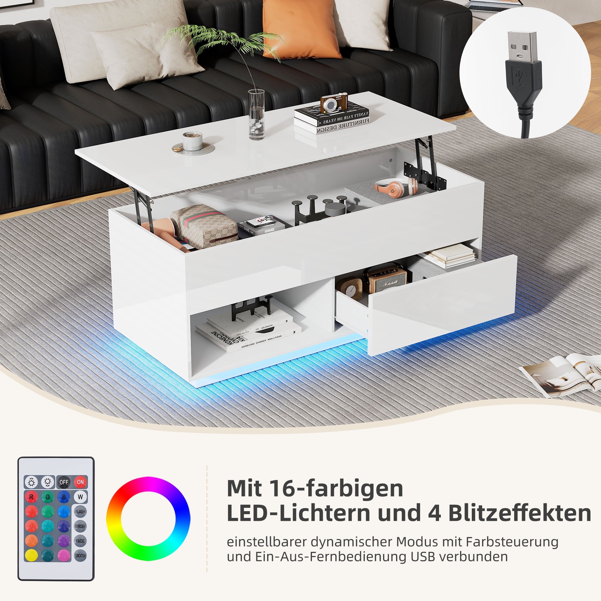 Logidon hoogglans hefsalontafel 100 x 50 cm witte LED-verlichting