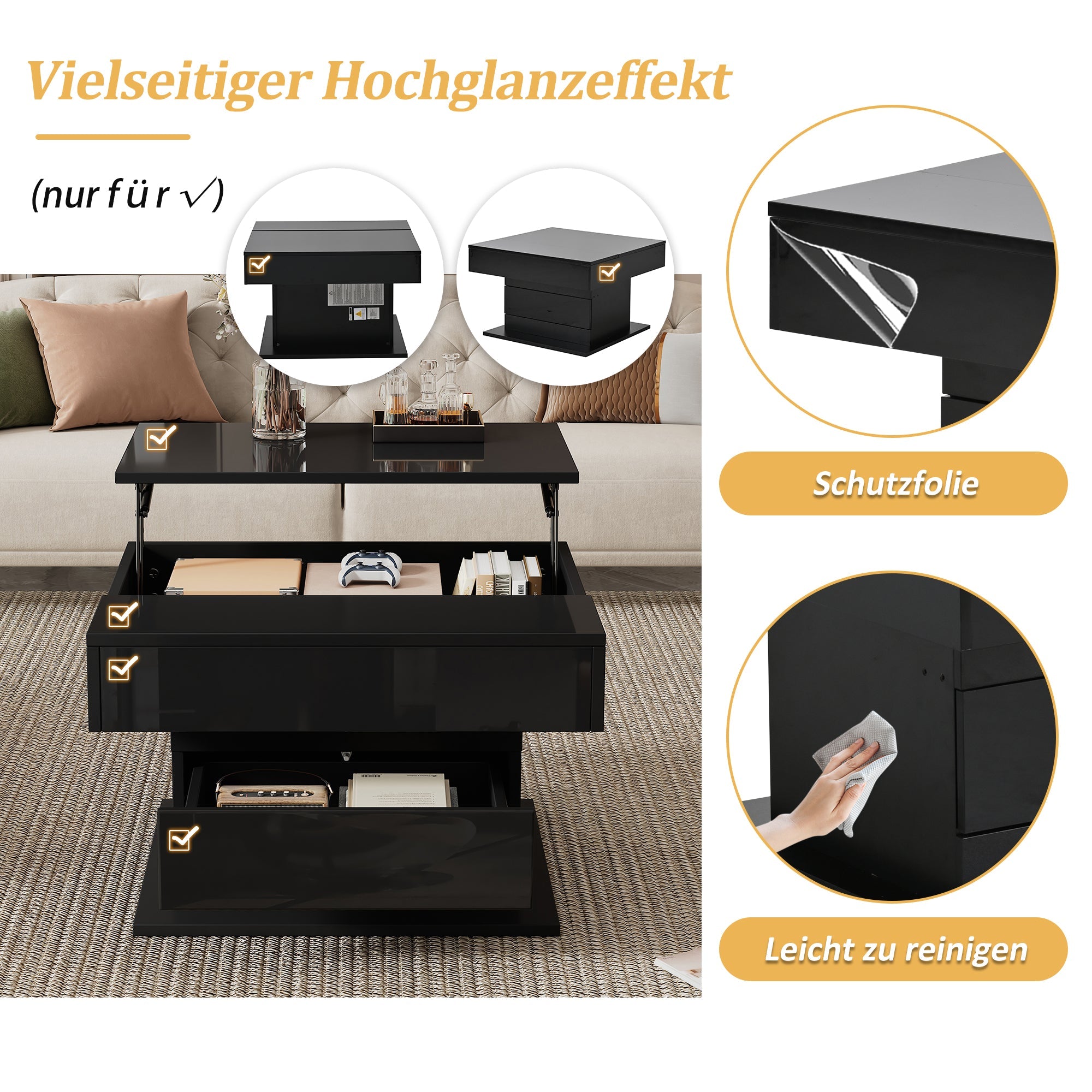 Logidon Salontafel 70x70 cm met draaibaar blad en lade zwart