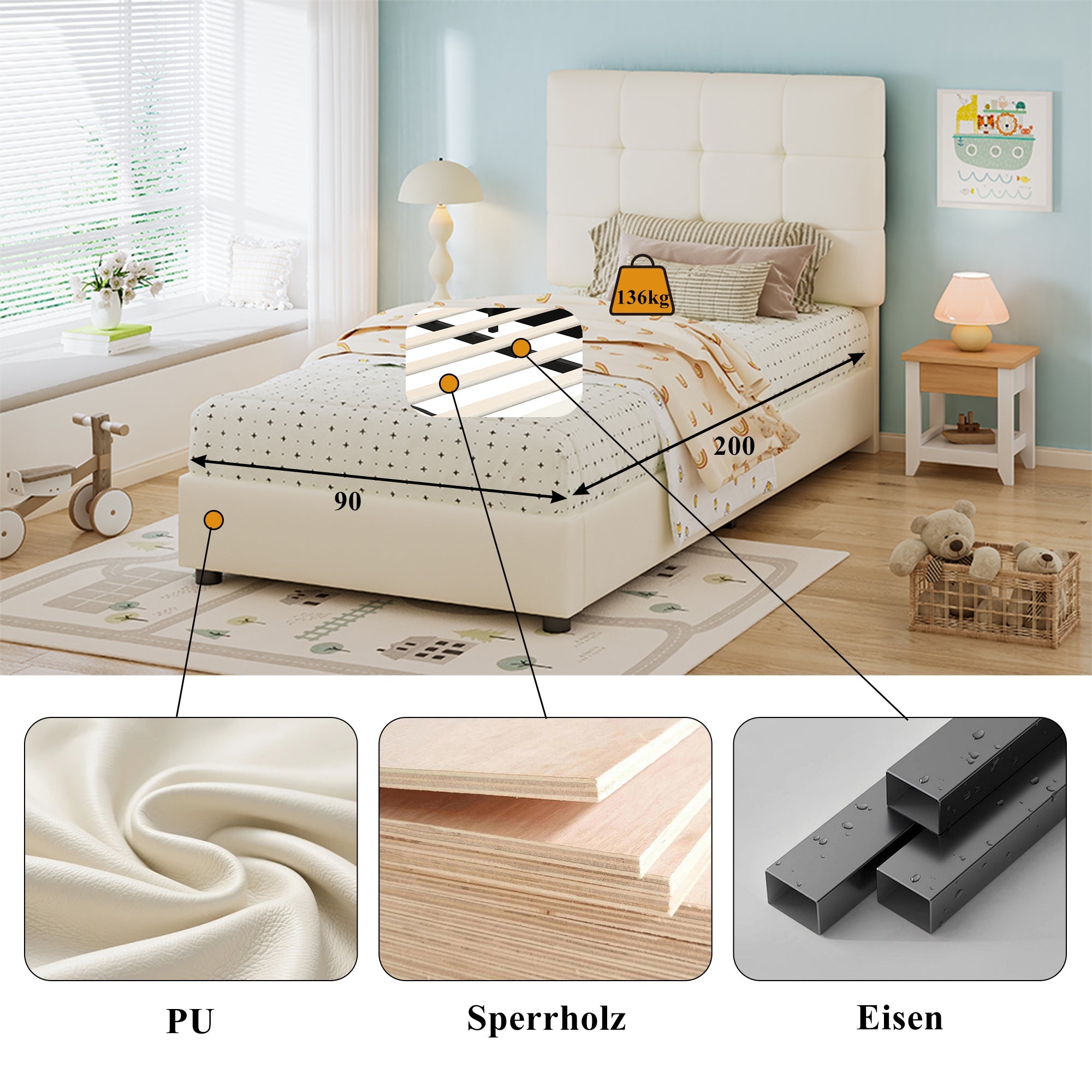 Logidon gestoffeerd bed 90x200 beige biscuit hoofdeinde zachte rugleuning