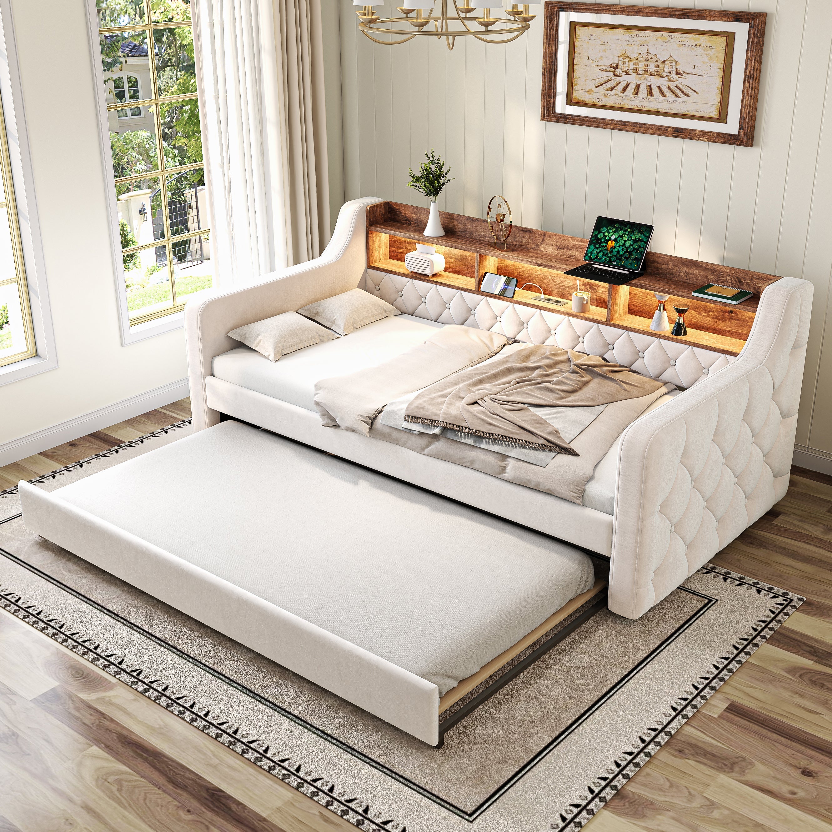 Logidon slaapbank 90x190 cm beige fluweel met opbergruimte LED USB-C