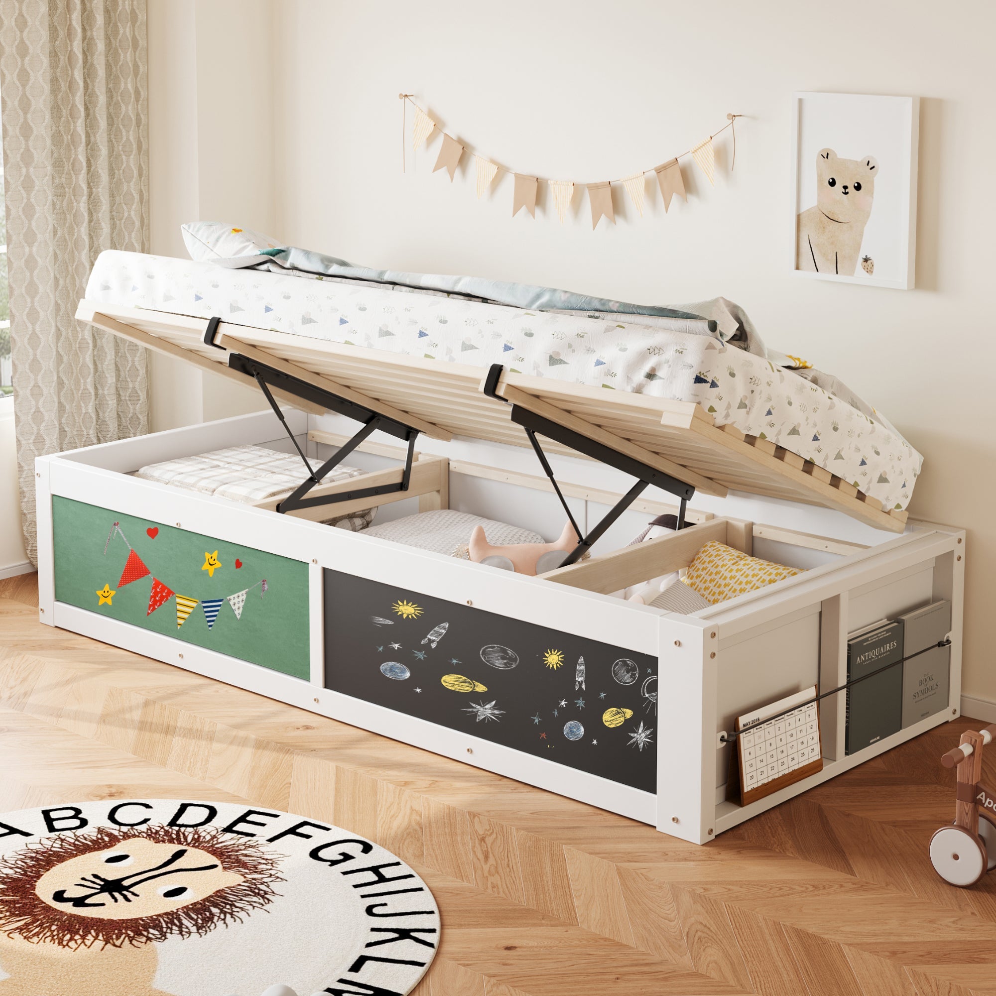Logidon Houten Bed 90x200 cm met Hydraulisch Opbergvak Schrijfbord Wit
