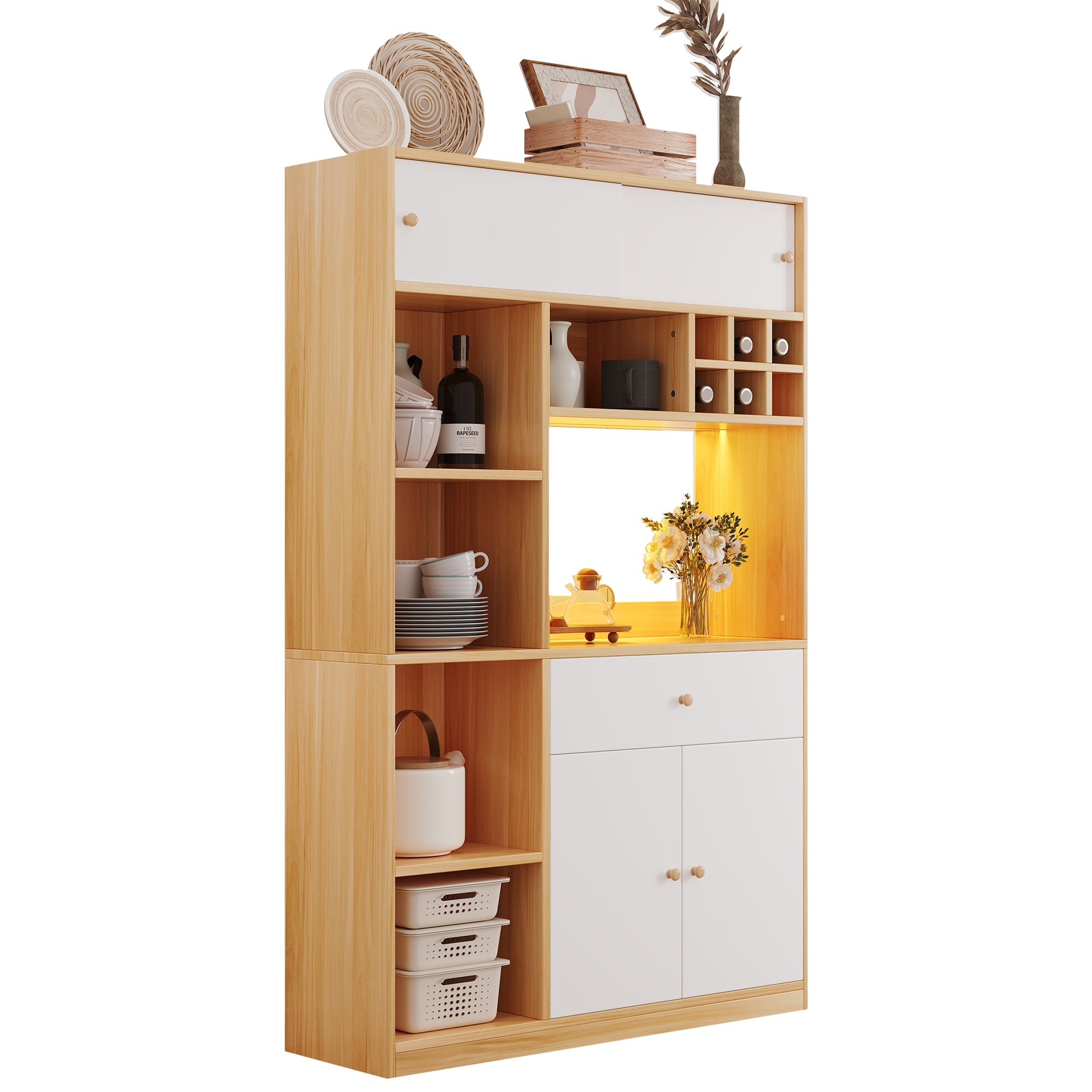 Logidon keukenkast buffet met LED-verlichting, 115x35x180 cm, naturel