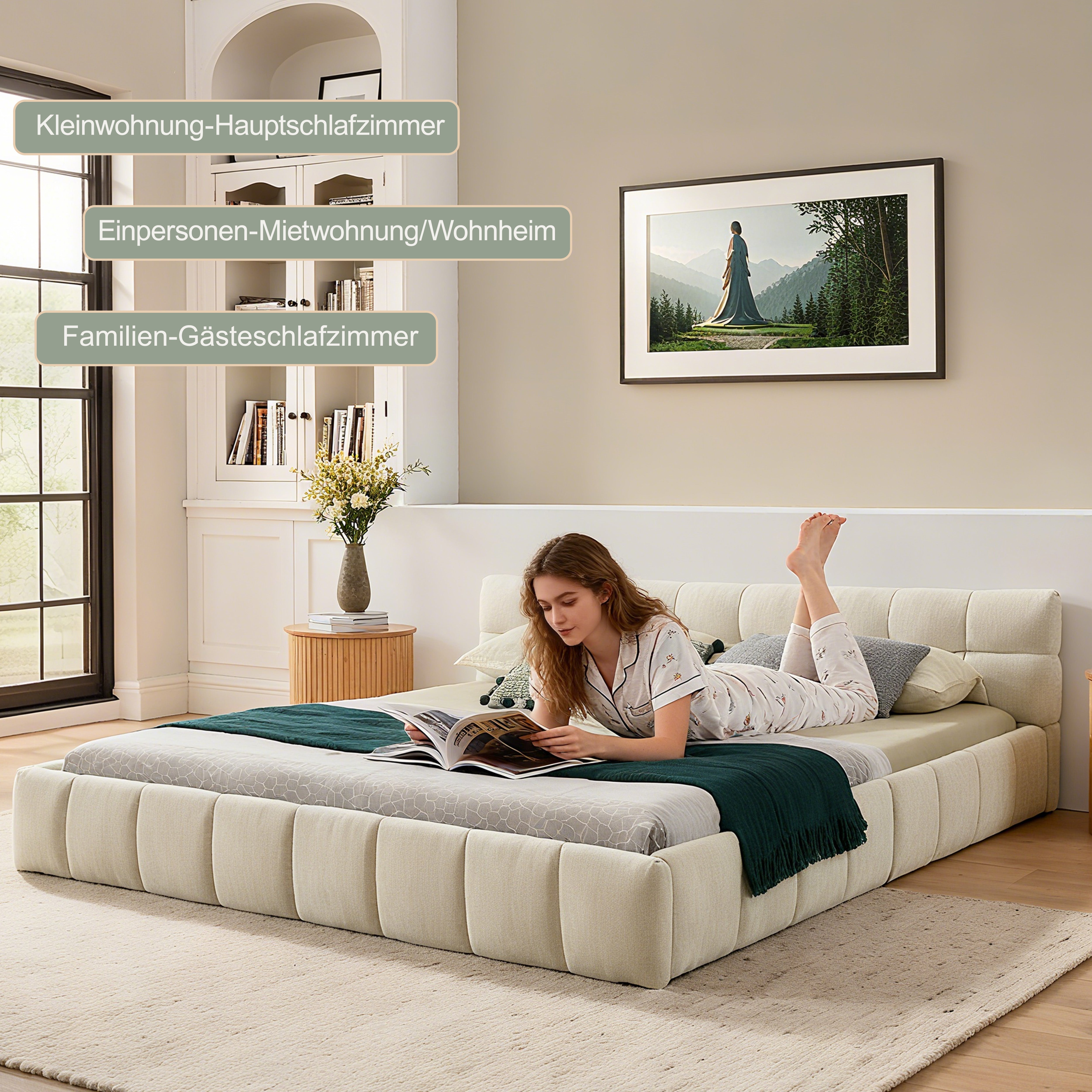 Logidon double bed 140x200 beige chenille eucalyptus wood metal frame