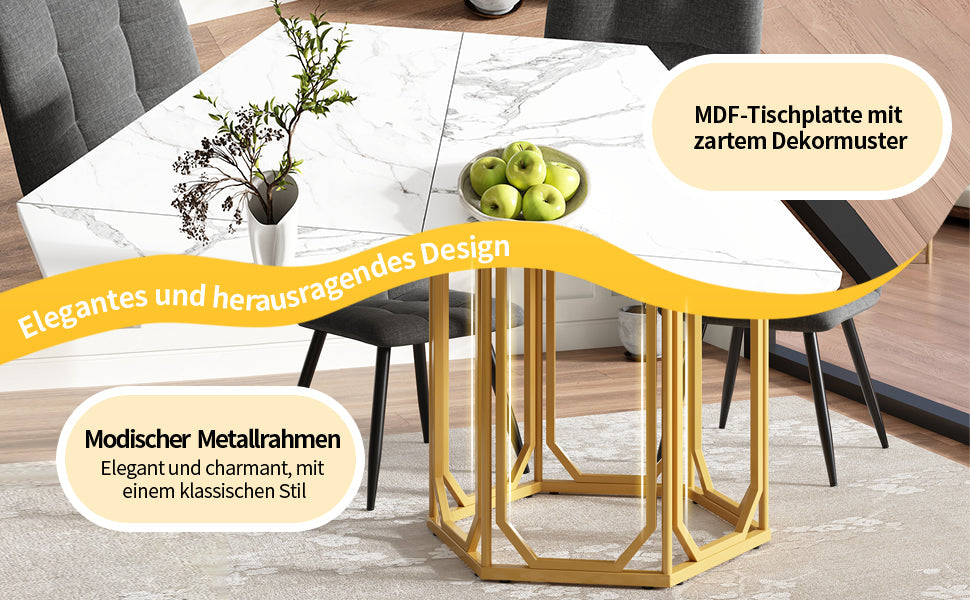 Logidon Zeshoekige Marmeren Tafel Goud MDF Keukentafel 110x95 cm