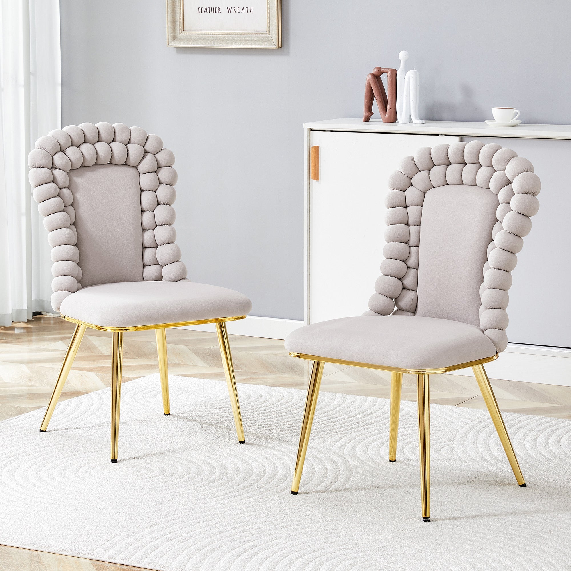 Logidon Set van 2 lichtgrijze fluwelen eetkamerstoelen met rugleuning met kogelketting