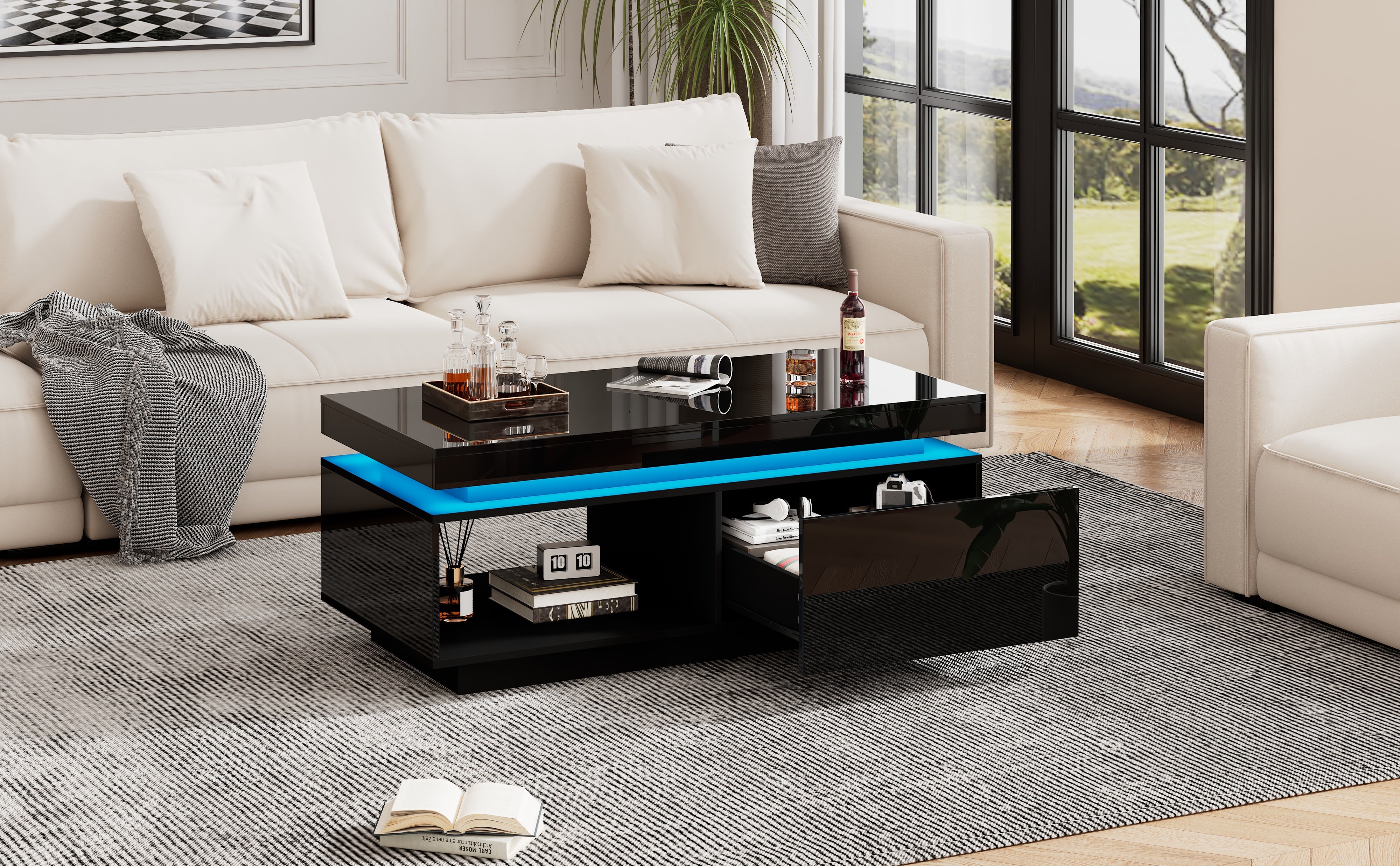 Logidon hoogglans salontafel zwart met LED verlichting 100x50x40 cm