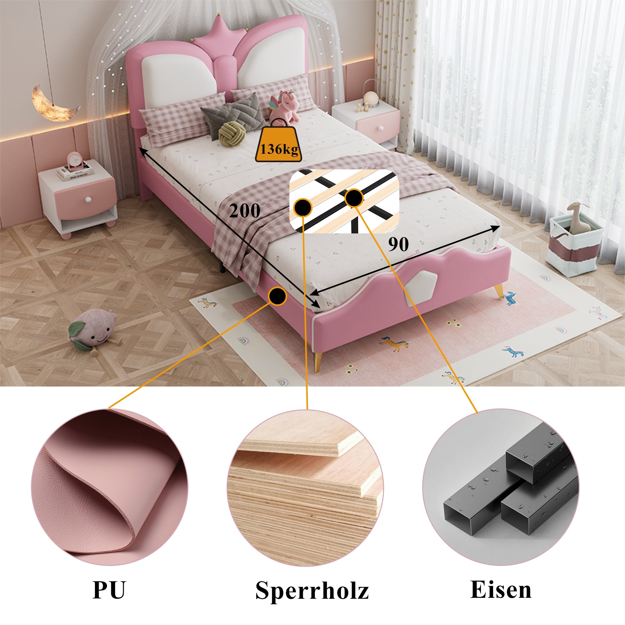 Logidon gestoffeerd bed 90x200cm roze wit kroonvormig hoofdeinde