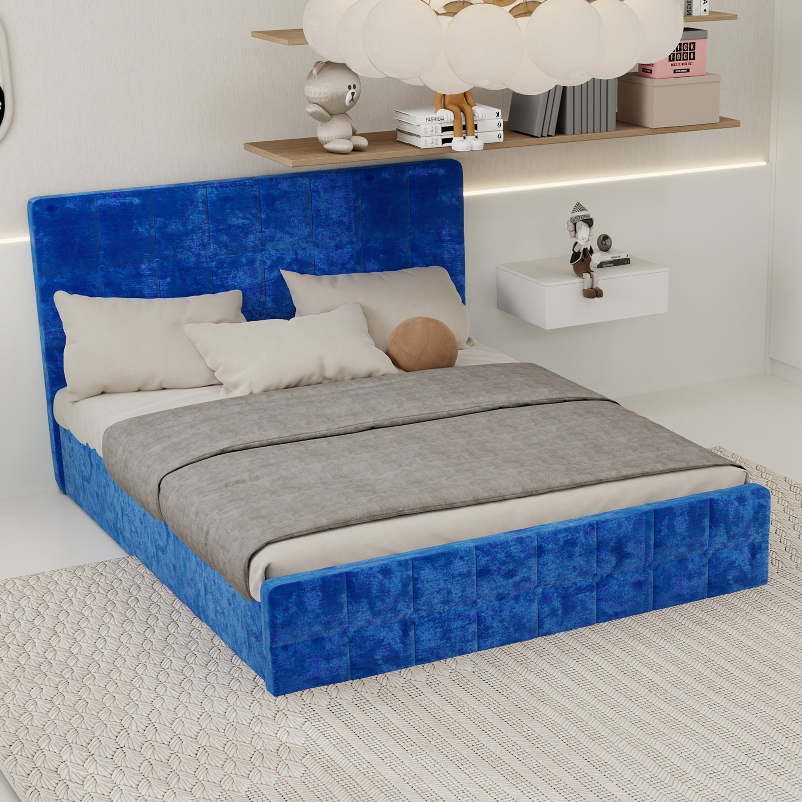 Logidon fluwelen bed 160x200 met hoofdbord en opbergruimte blauw