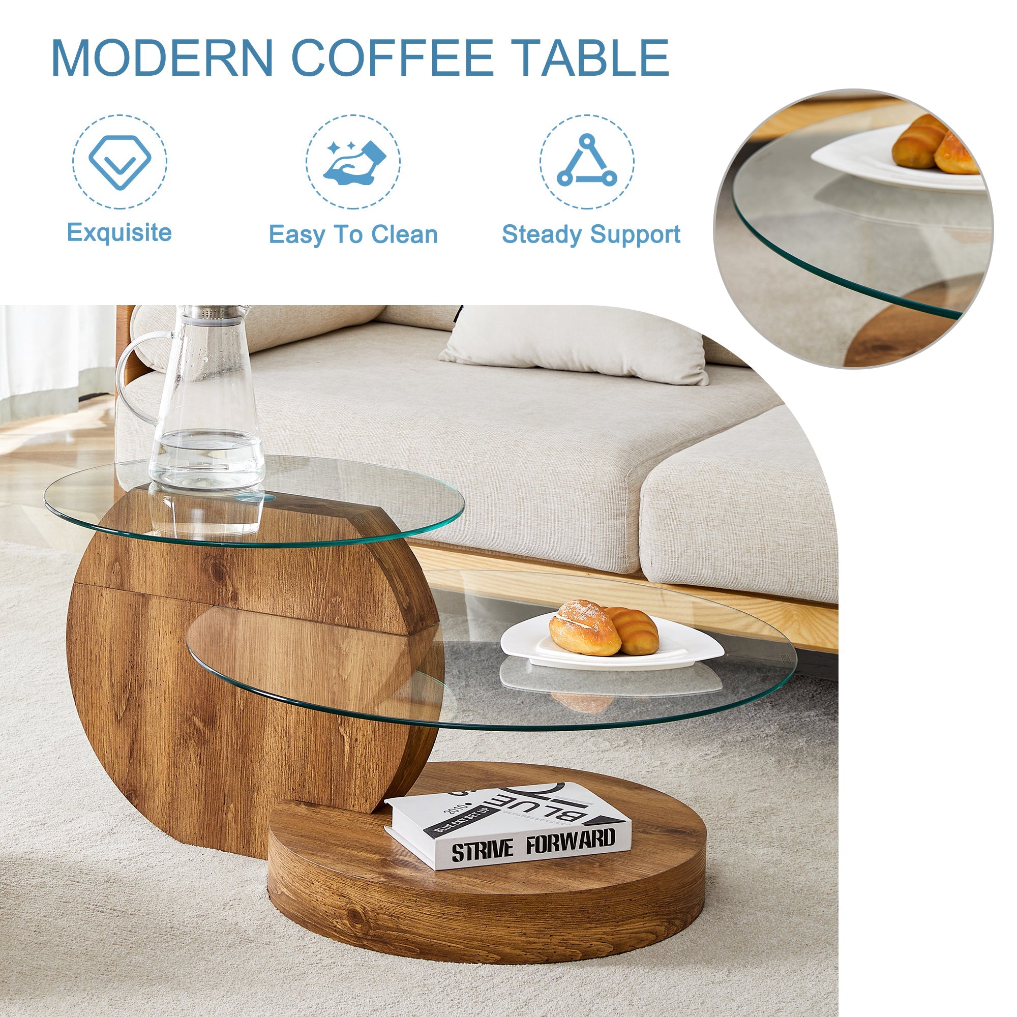 Logidon Moderne Glazen Salontafel Houtstructuur Meerlaags Design MDF 90x70cm