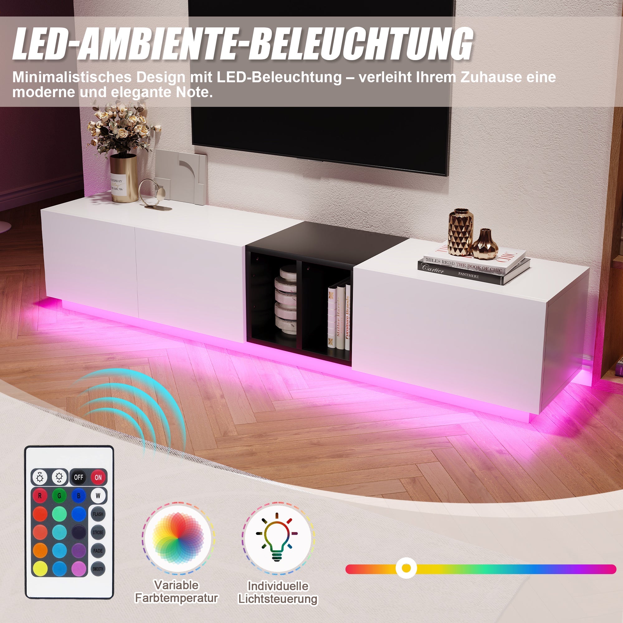 Logidon Modern TV-meubel Wit-Zwart Contrast Met Laden 190 cm