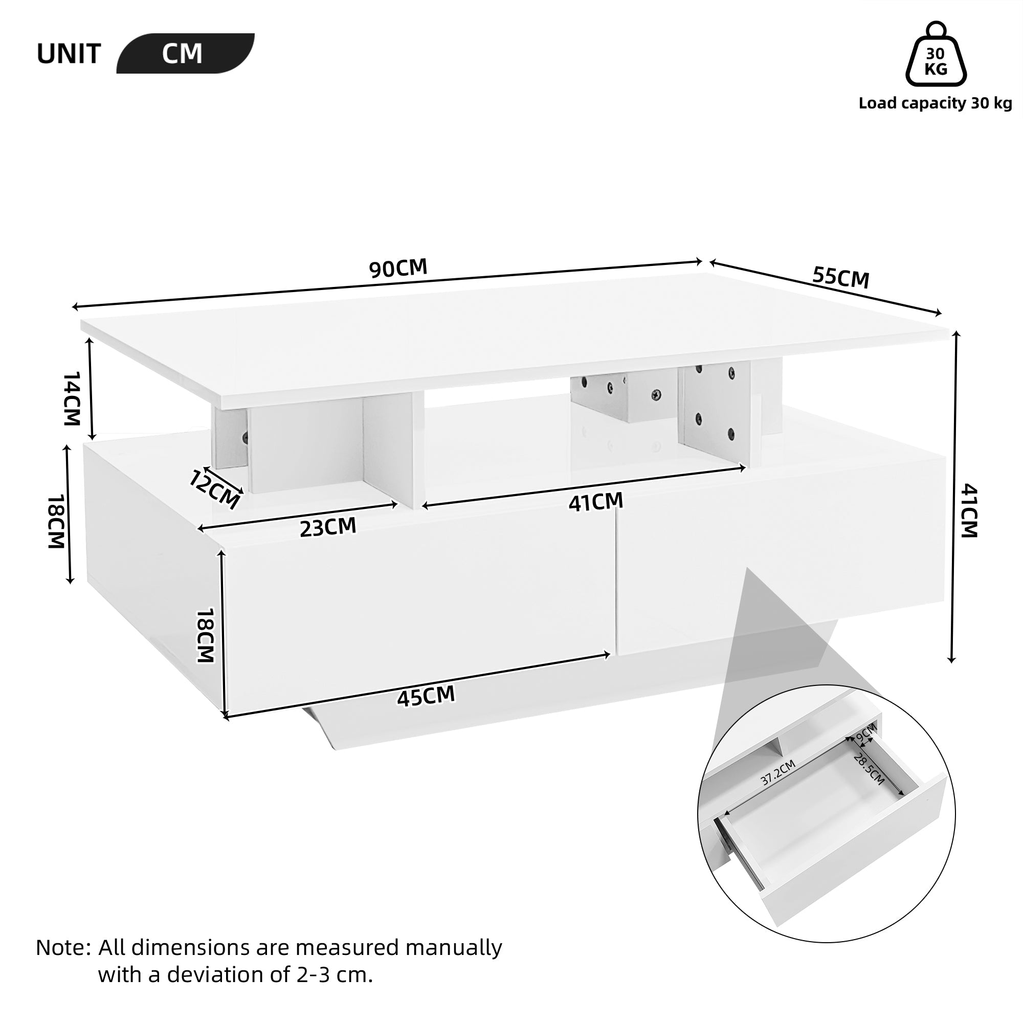 Logidon hoogglans salontafel LED, 2 lades, 90x55x41 cm wit