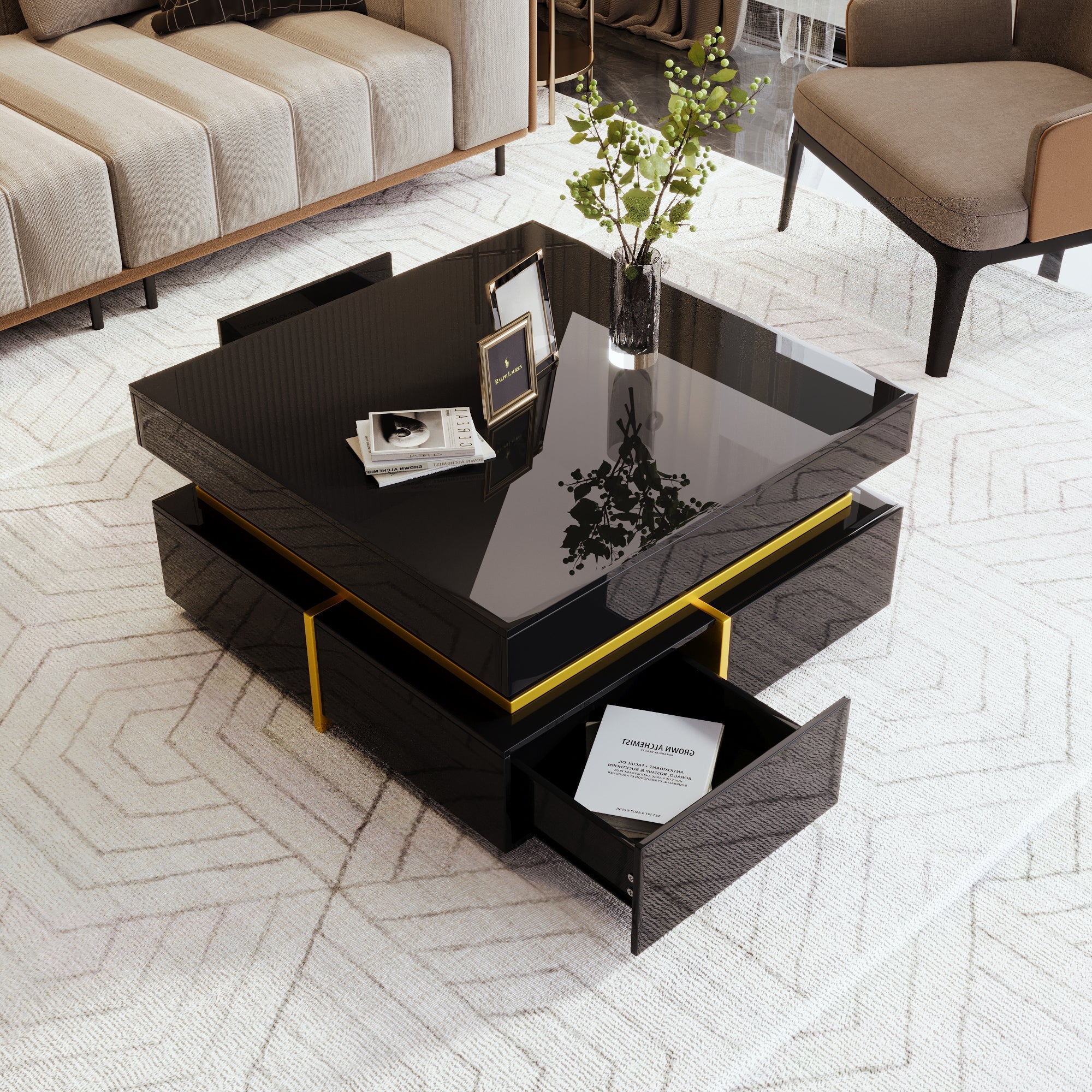 Logidon high gloss coffee table with gold accents and drawers