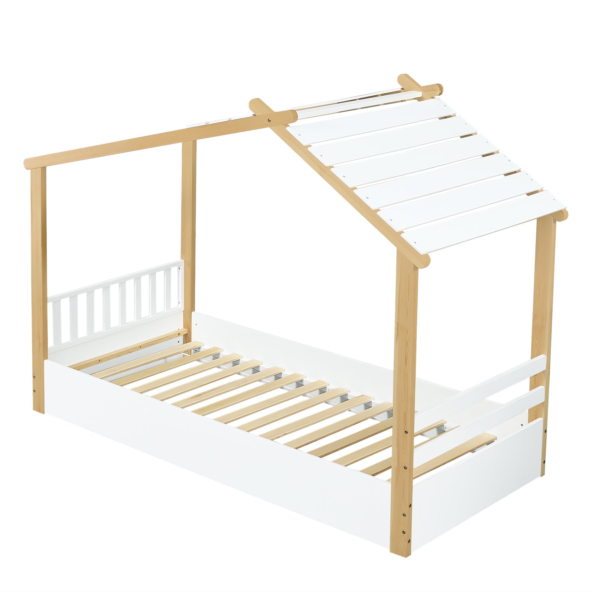 Logidon children's bed 90x200 cm white natural - wooden house design slatted frame