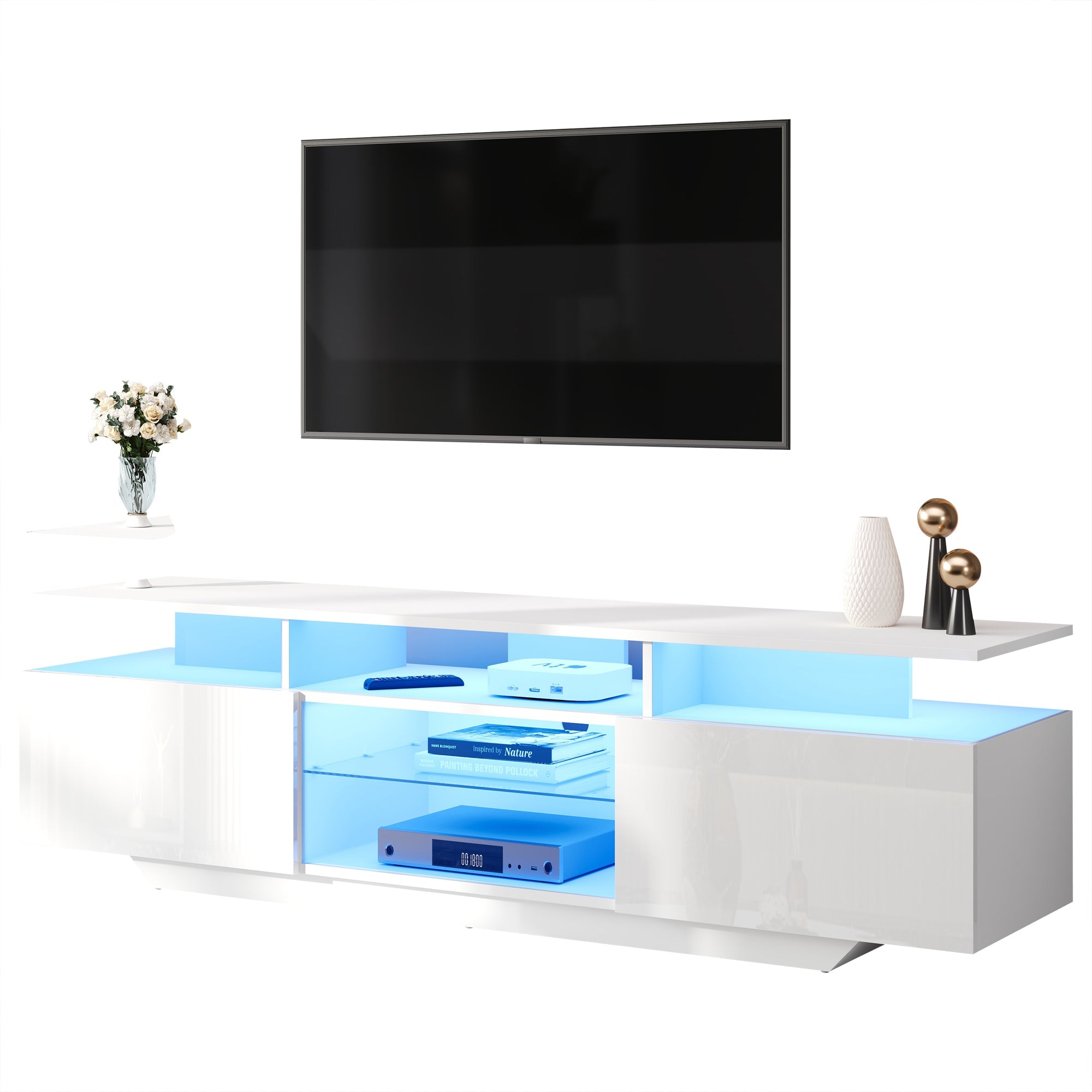 Logidon TV-meubel hoogglans wit 160 x 40 x 45 cm met LED lichtstrip glasplanken