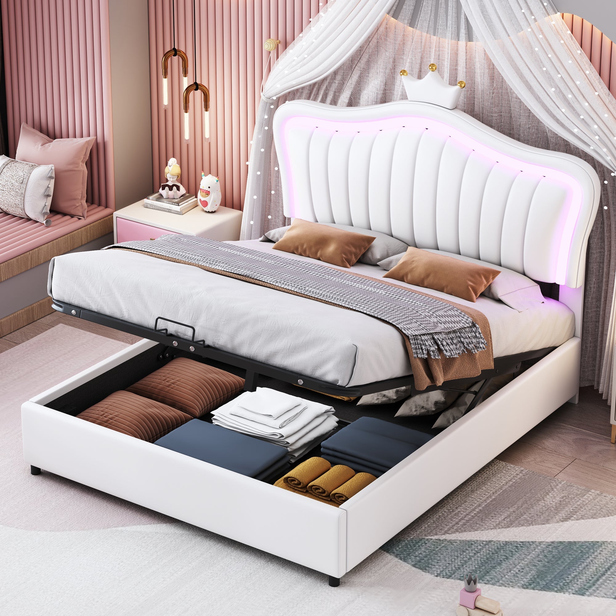 Logidon kinderbed 140 x 200 cm gestoffeerd bed met opbergruimte LED wit