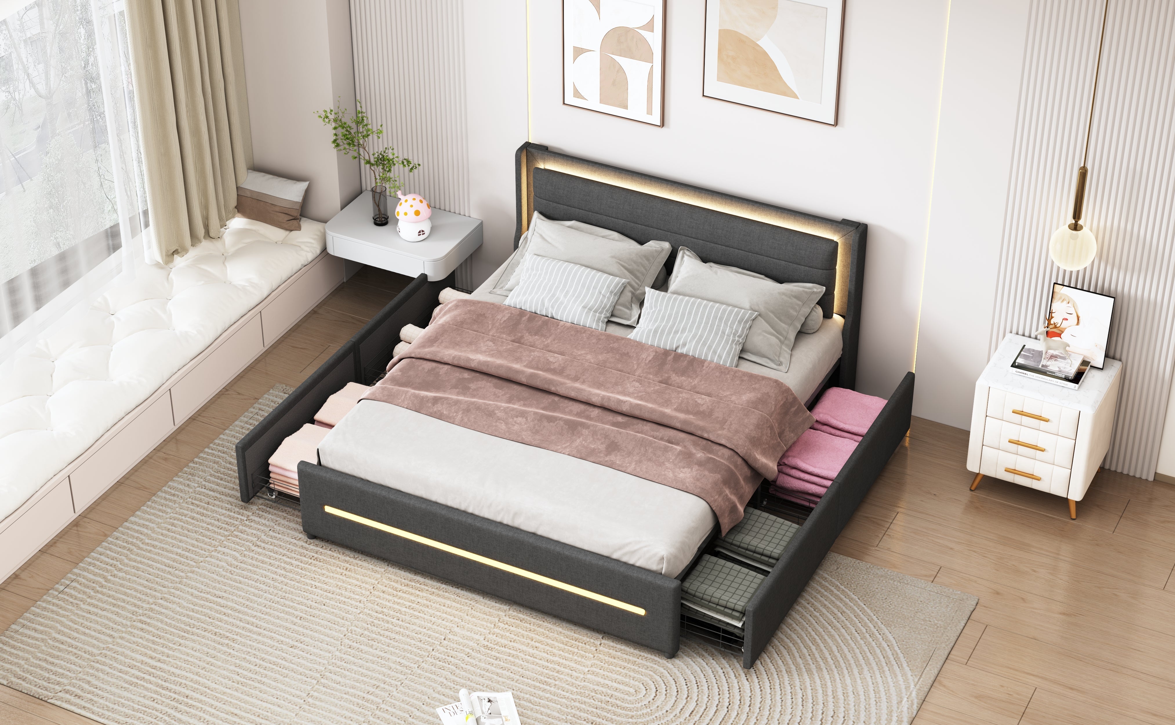 Logidon gestoffeerd bed 160x200 grijze kleur veranderende LED vier opbergvakken