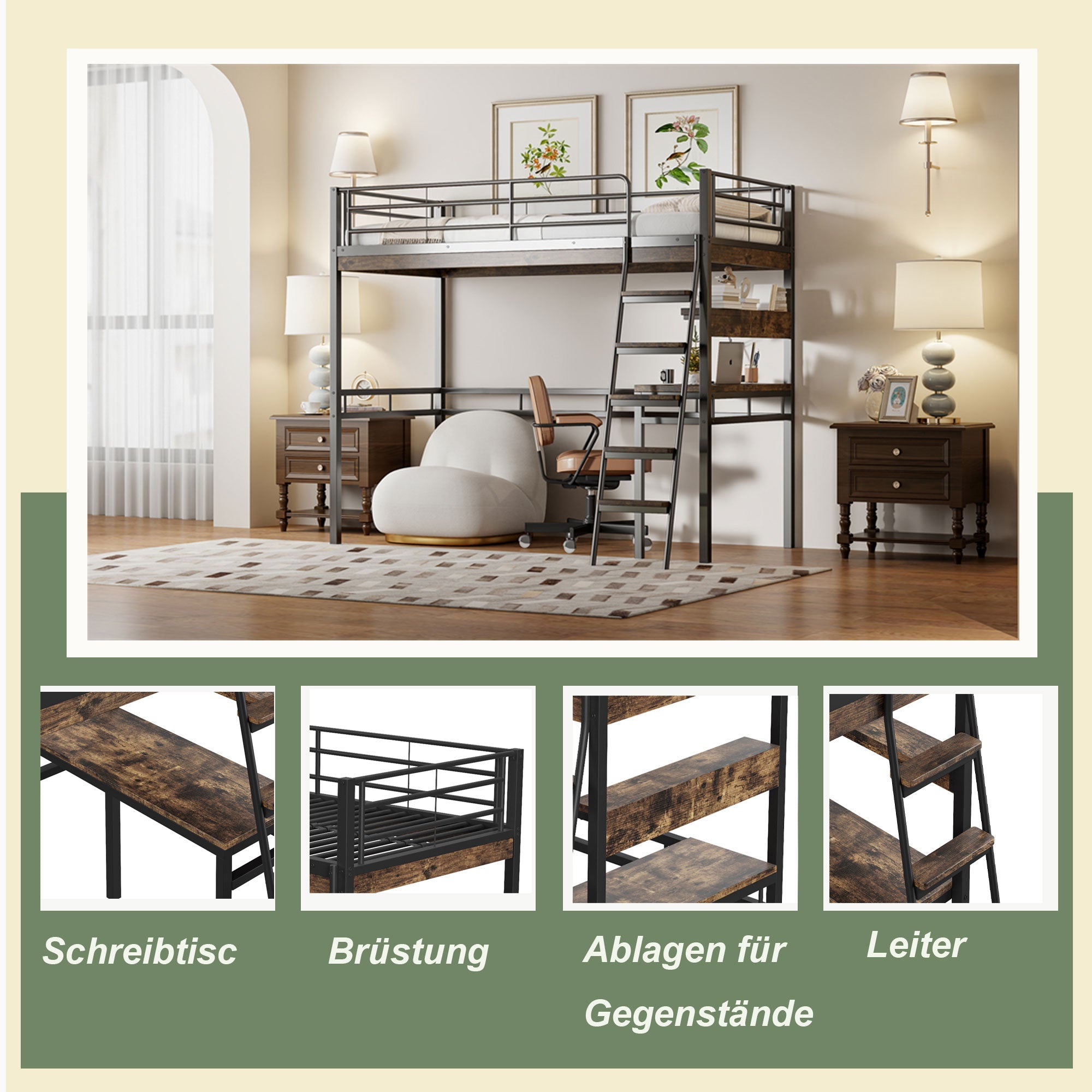 Logidon hoogslaper 90x200 cm met bureaurelingladder zwart