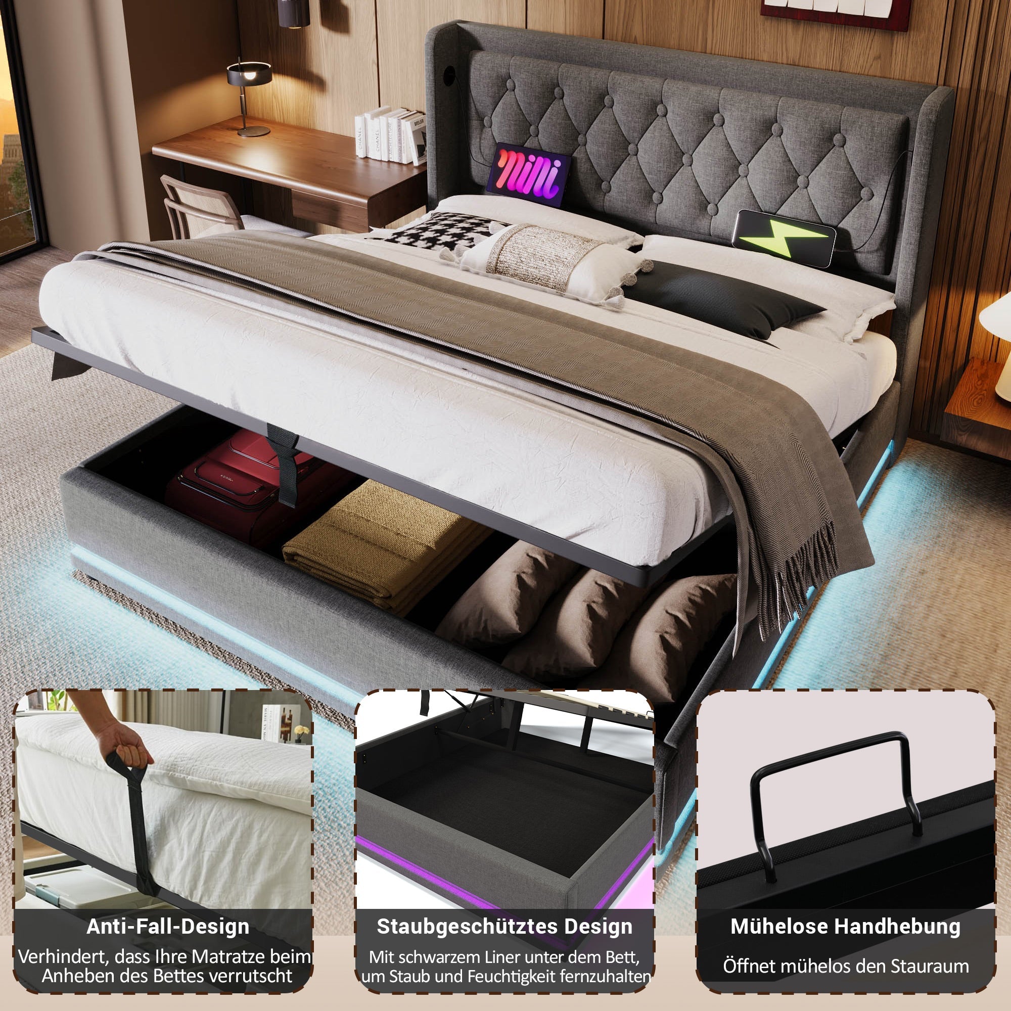Logidon gestoffeerd bed 160x200 cm grijs fluweel opbergruimte USB-C oplaadfunctie