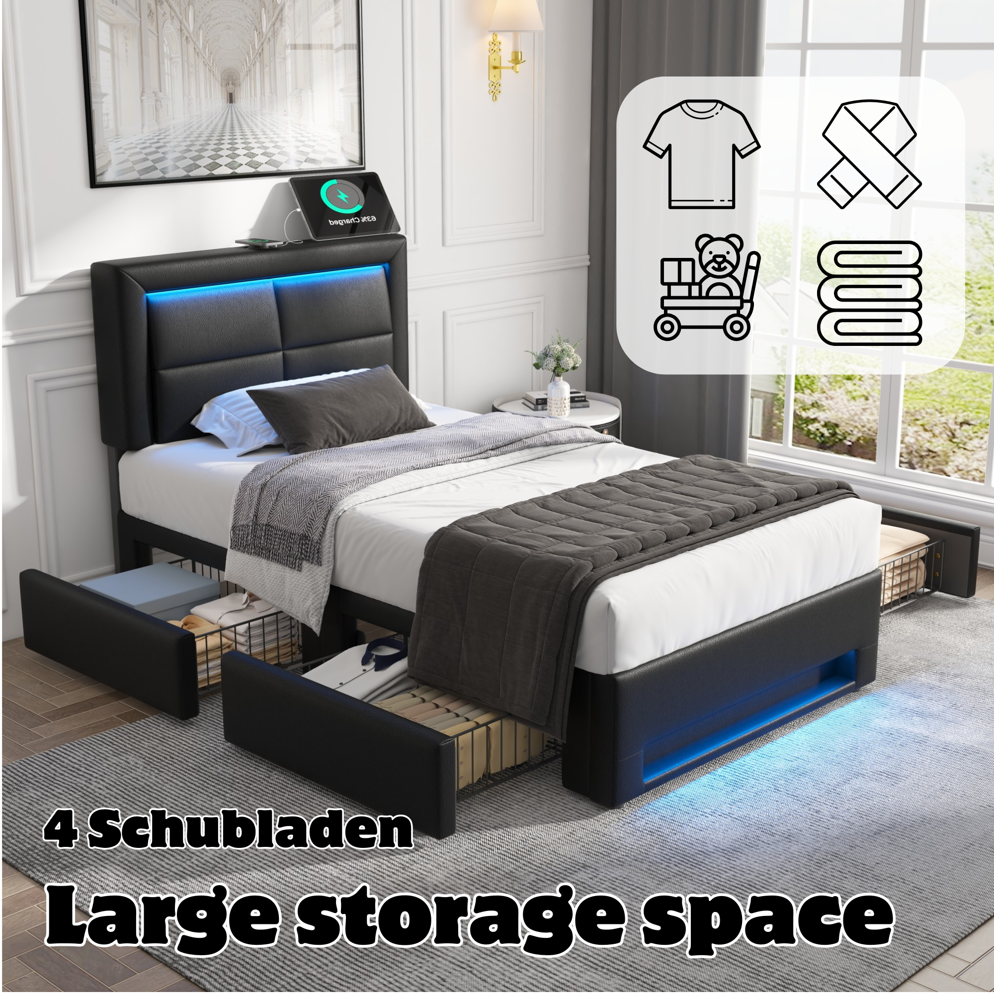 Logidon gestoffeerd bed 90x190 cm zwart met USB LED en vier lades