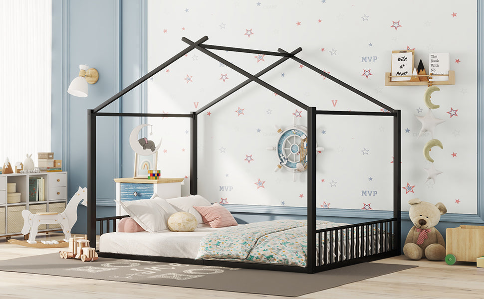 Logidon 140x200cm plat bed huisbed met ijzeren frame zwart