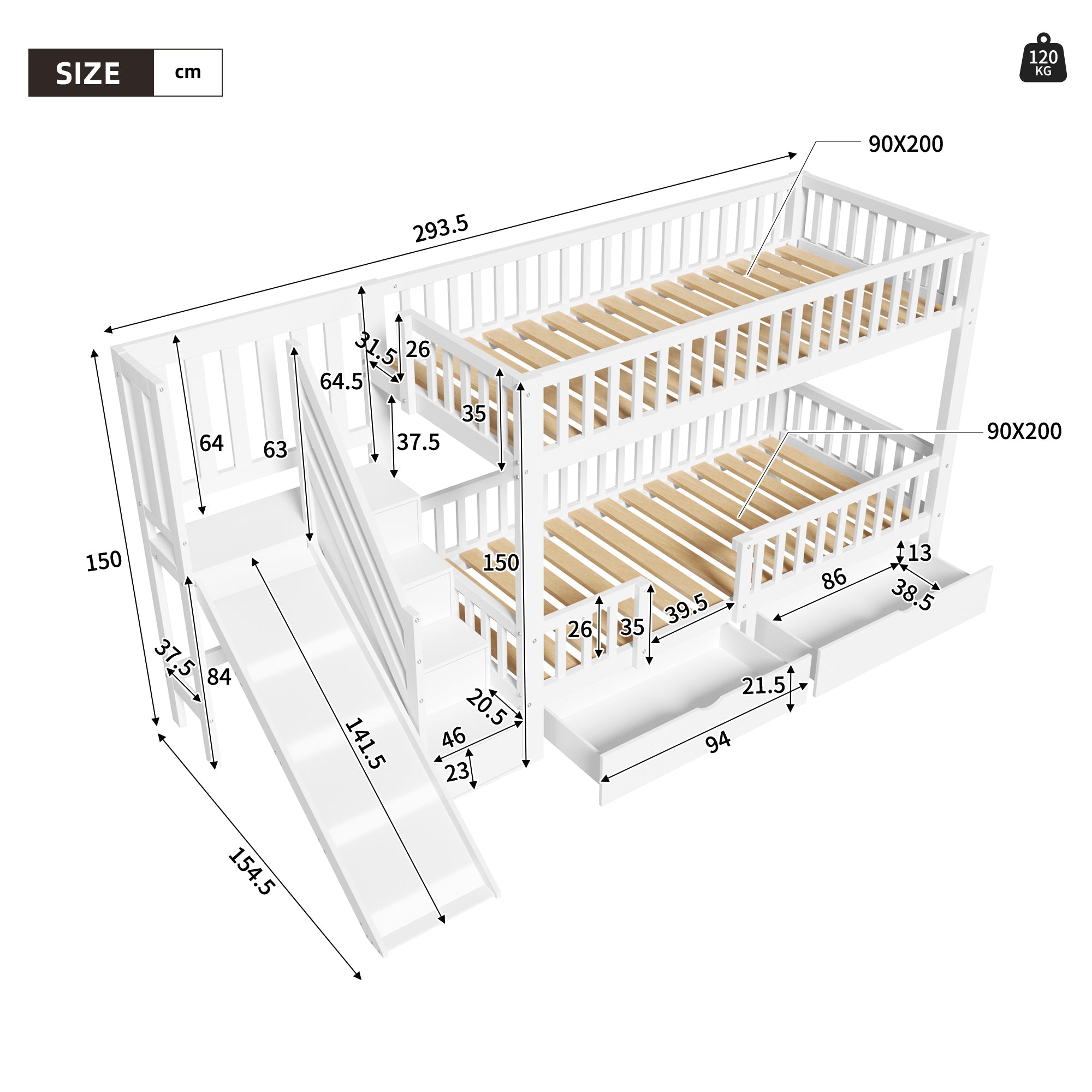 Logidon kinderstapelbed wit 90x200 cm met glijbaan en trap