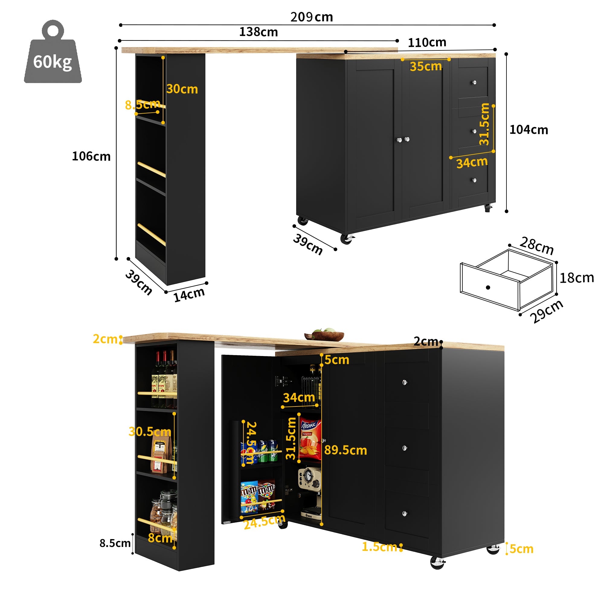 Logidon 360 graden draaibare eettafel zwart 138-209x39x104 met wielen