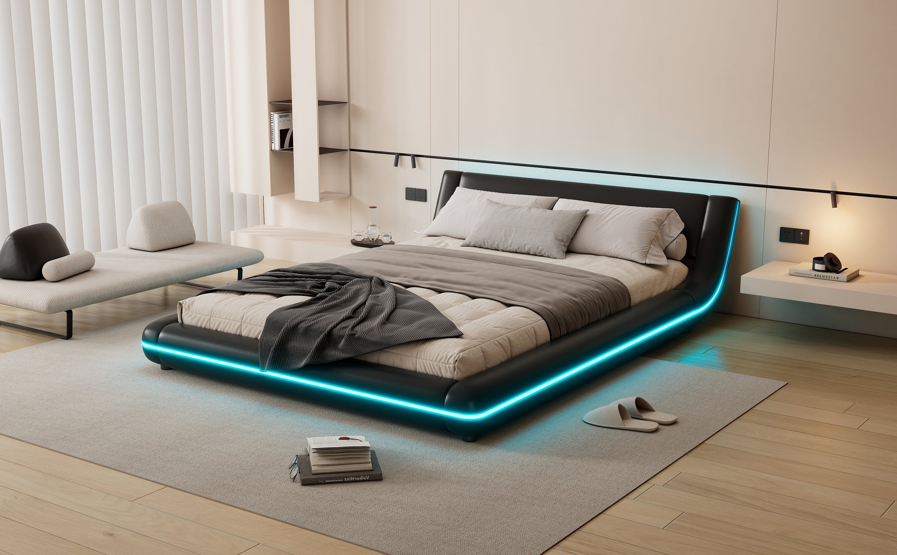 Logidon flat bed 140x200 cm faux leather black LED lighting