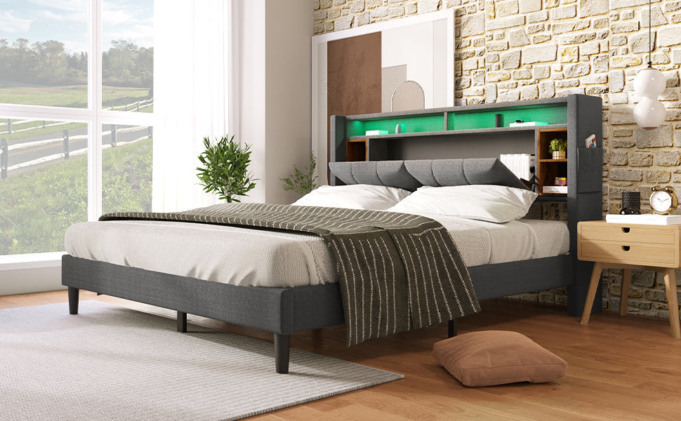 Logidon gestoffeerd bed tweepersoonsbed opbergruimte hoofdbord USB LED grijs 140x200