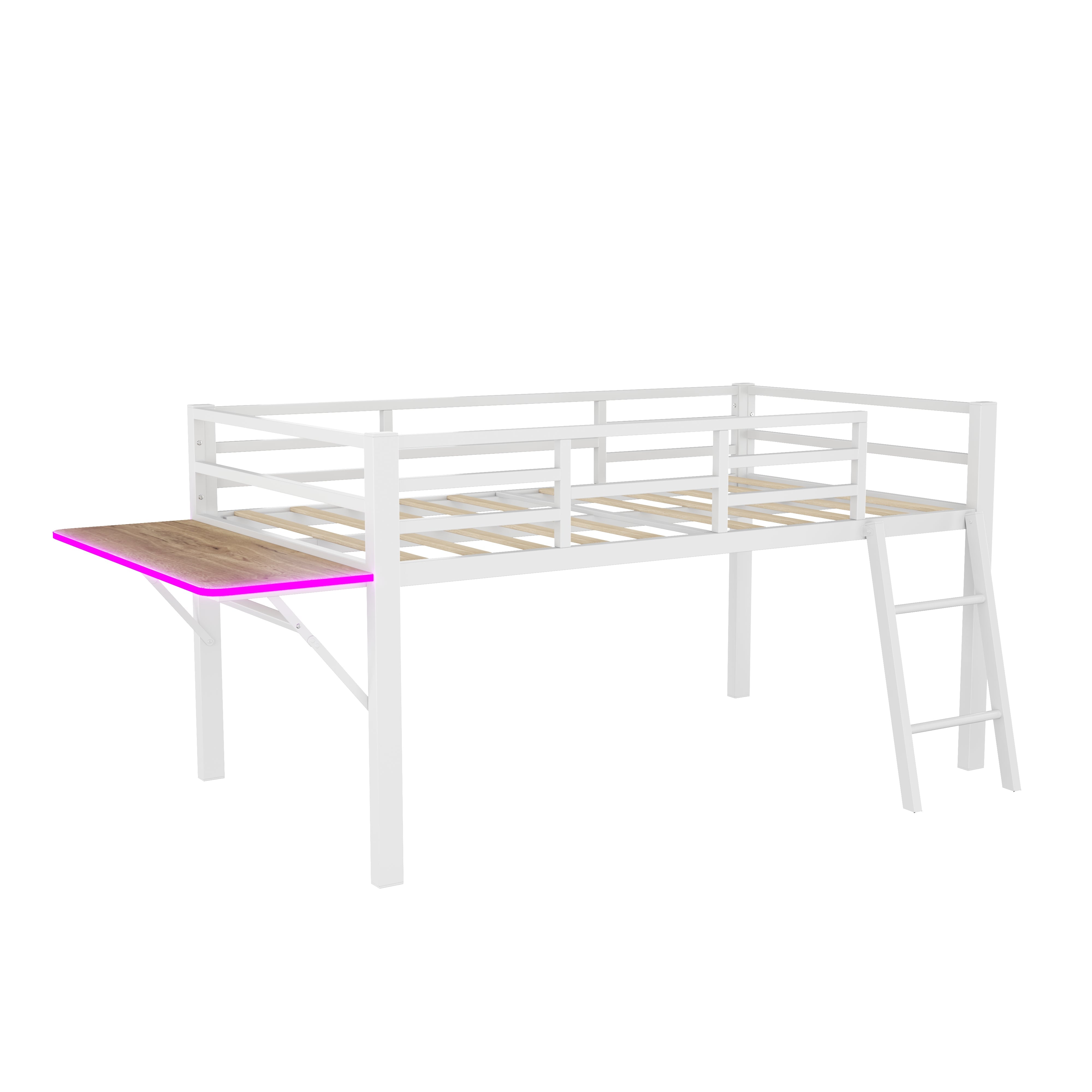 Logidon flat bed 90 x 200 cm metal bed white with railing ladder LED