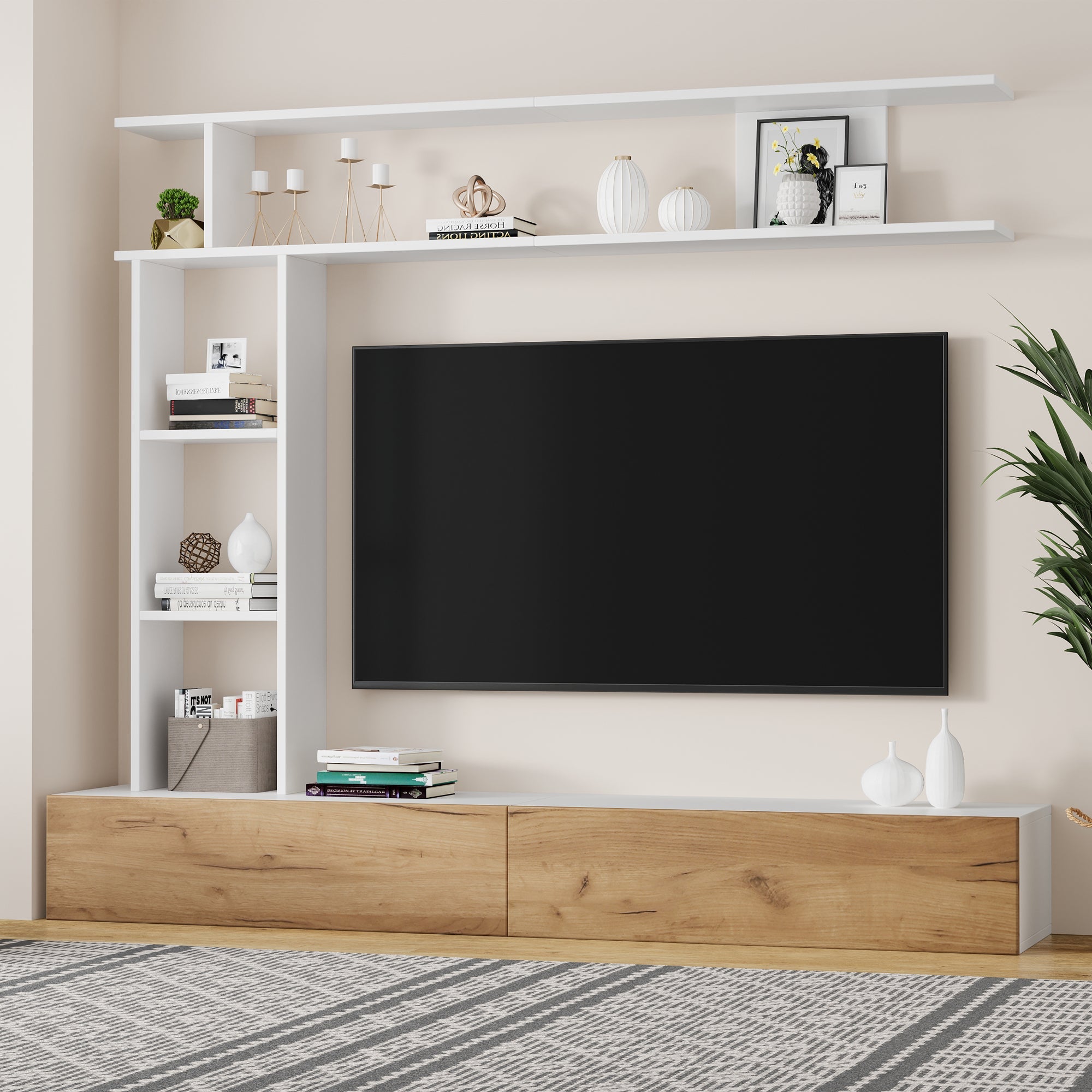 Logidon TV wandmeubel 180 cm wit houtlook met vitrinekasten