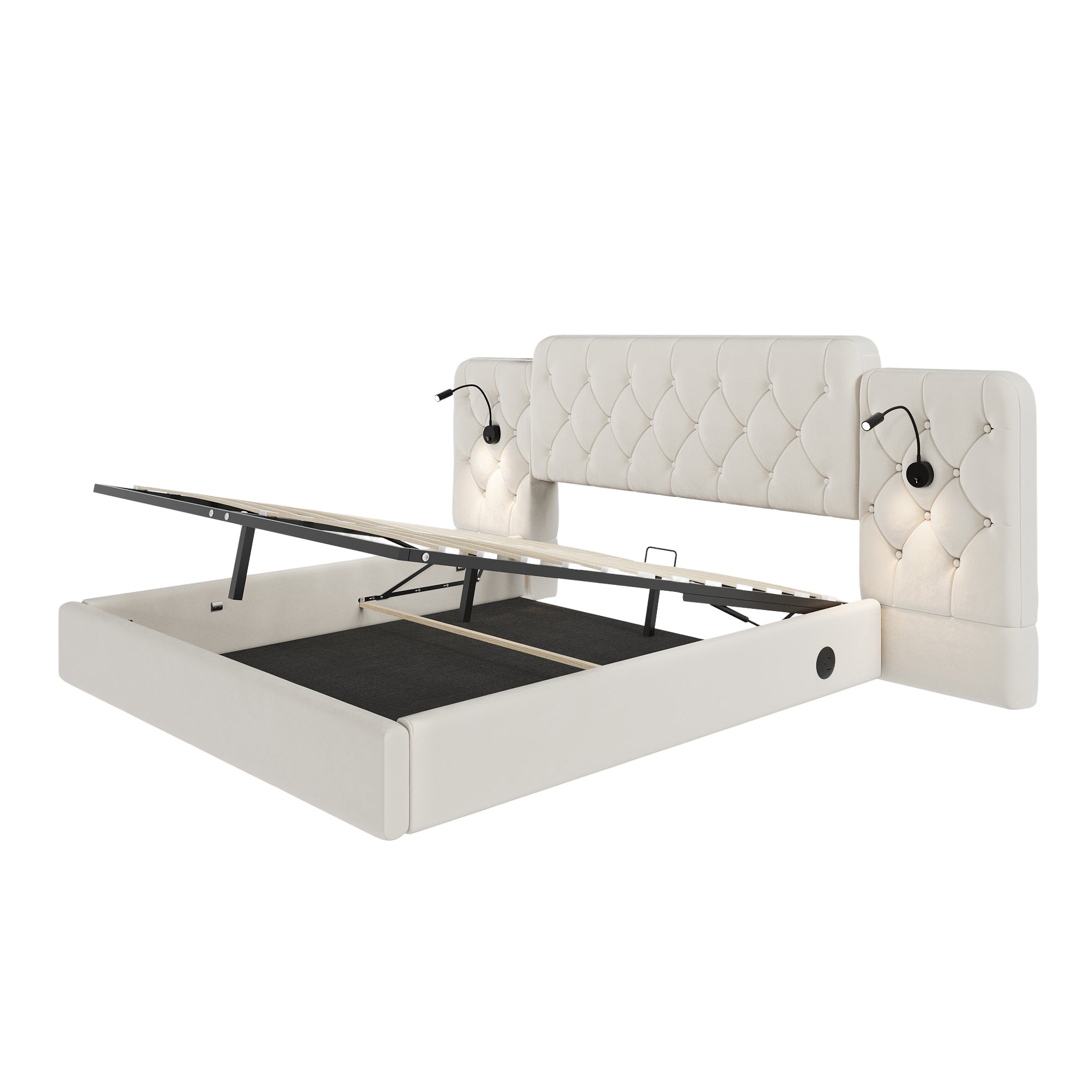Logidon bedframe beige fluweel met lang hoofdeinde en USB-poorten