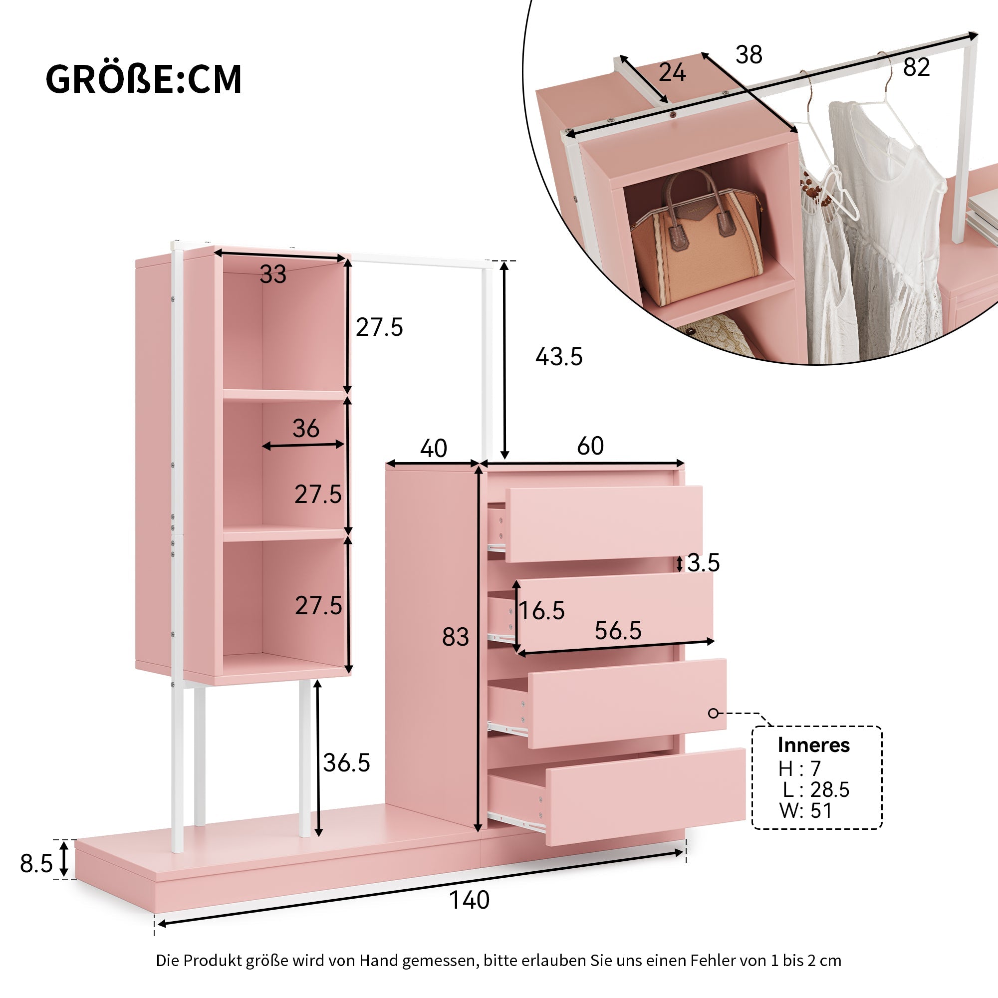 Logidon Kledingkast Roze 140x40x135 cm met lades en roede