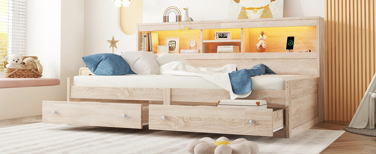 Logidon Daybed 90x200cm slaapbank met sfeerverlichting USB naturel