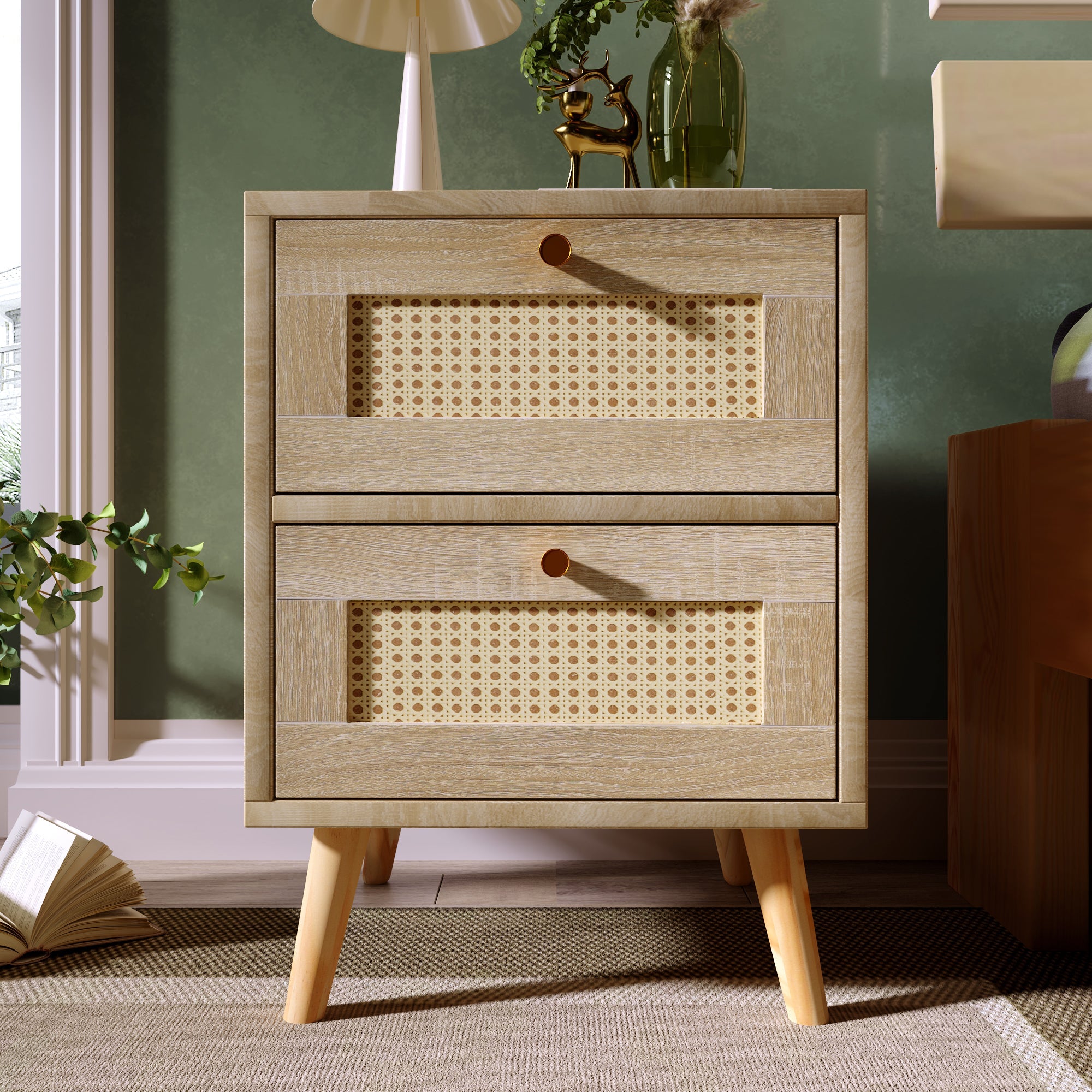 Logidon Nachtkastje eiken rotan 2 lades 55x40x40 cm