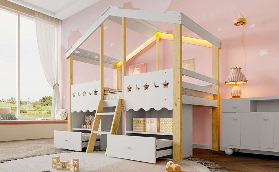 Logidon halfhoogslaper 90x200 huisvorm LED-lichtstrip 2 lades