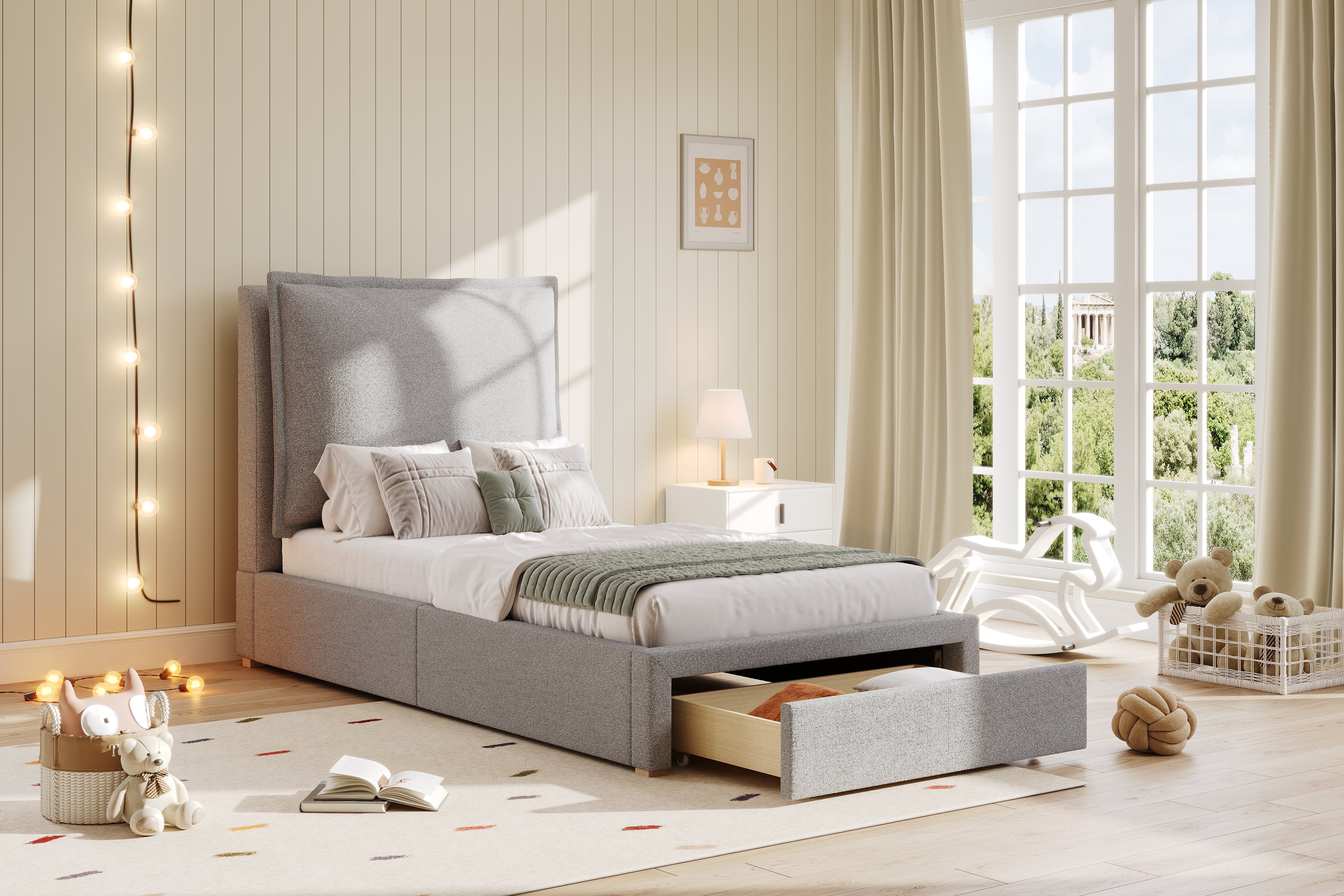 Logidon gestoffeerd bed 90x200 cm functioneel bed grote lade grijze chenille