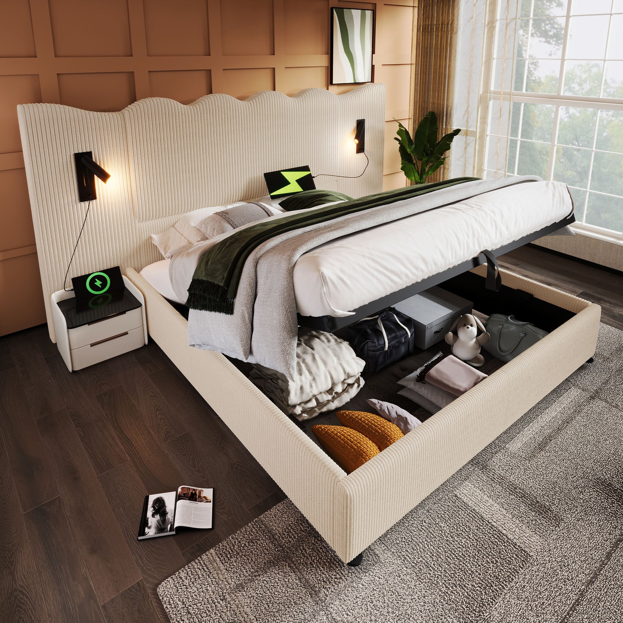 Logidon upholstered bed 160x200 beige with reading lamp USB charging function