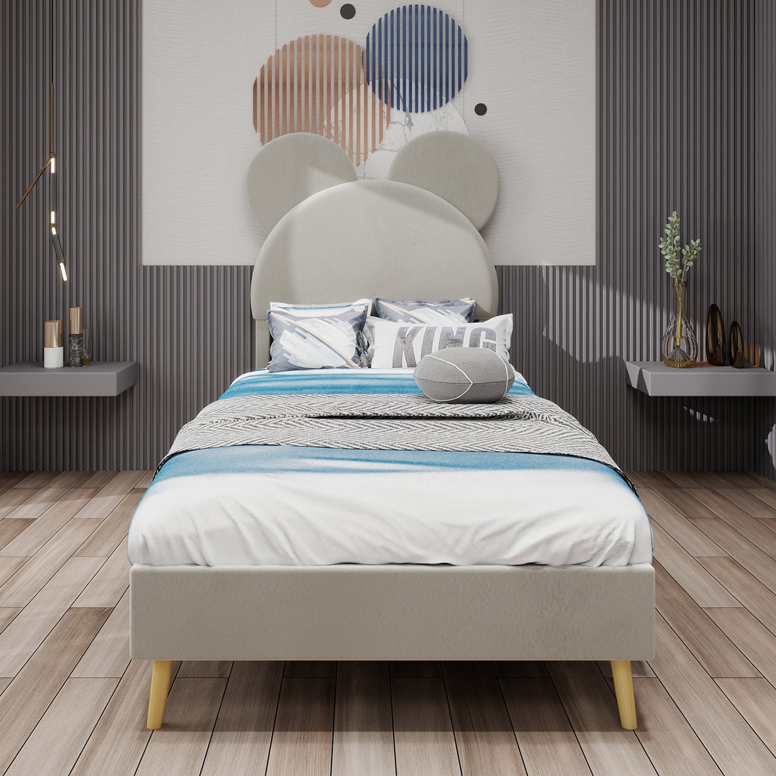 Logidon gestoffeerd bed 140x200 beige cartoon hoofdeinde inclusief lattenbodem
