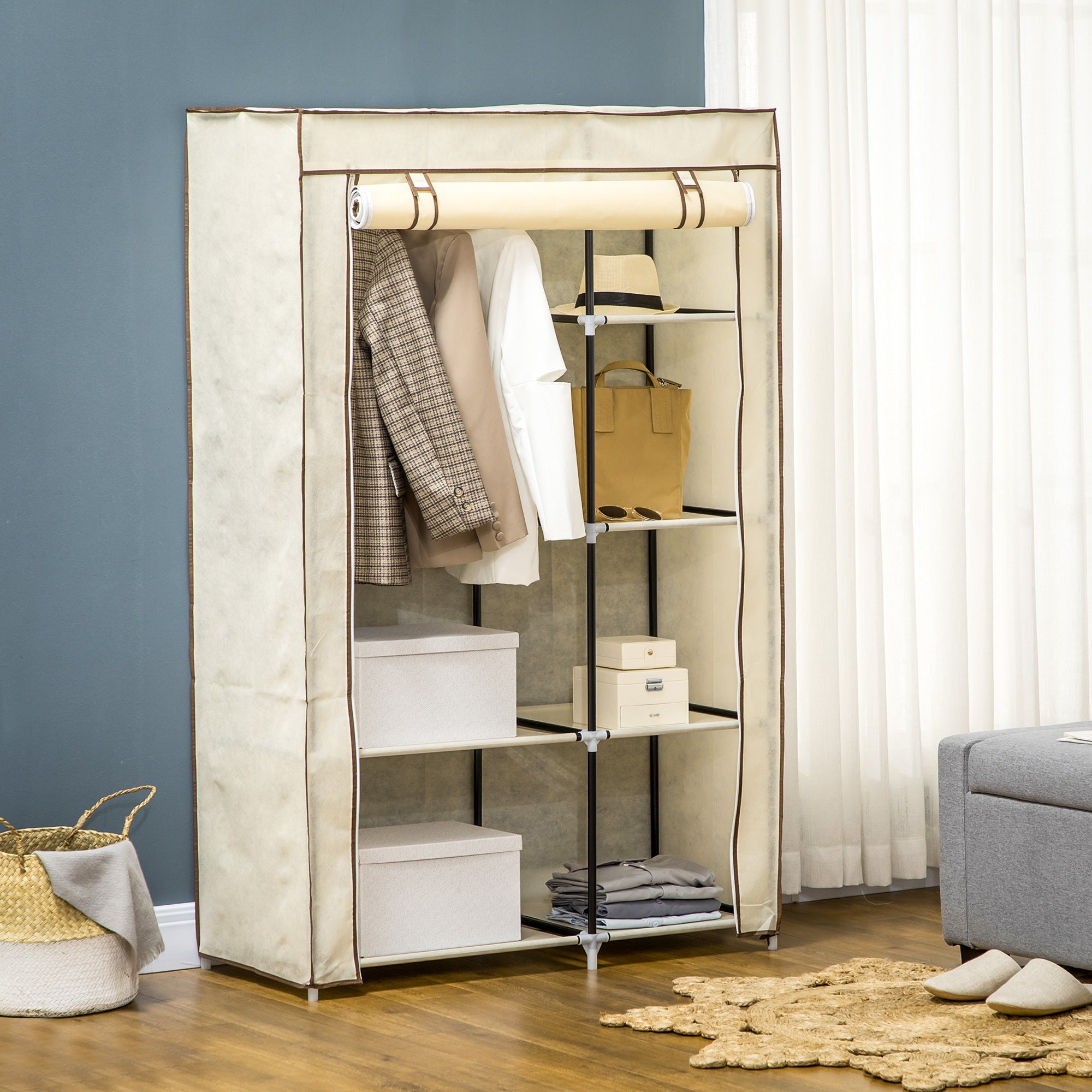 Logidon Crème Opvouwbare stoffen kast met 2 stangen en 6 vakken 103x43x162 cm