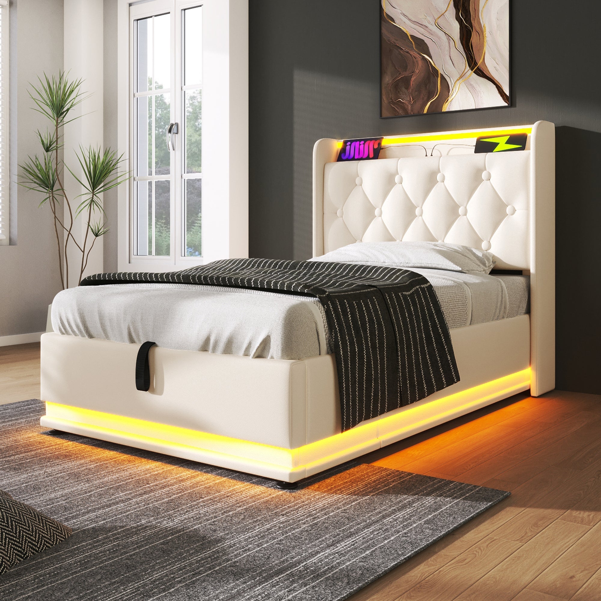 Logidon gestoffeerd bed eenpersoons 90x200 cm wit PU 360 SurroundLED USB C oplaadfunctie