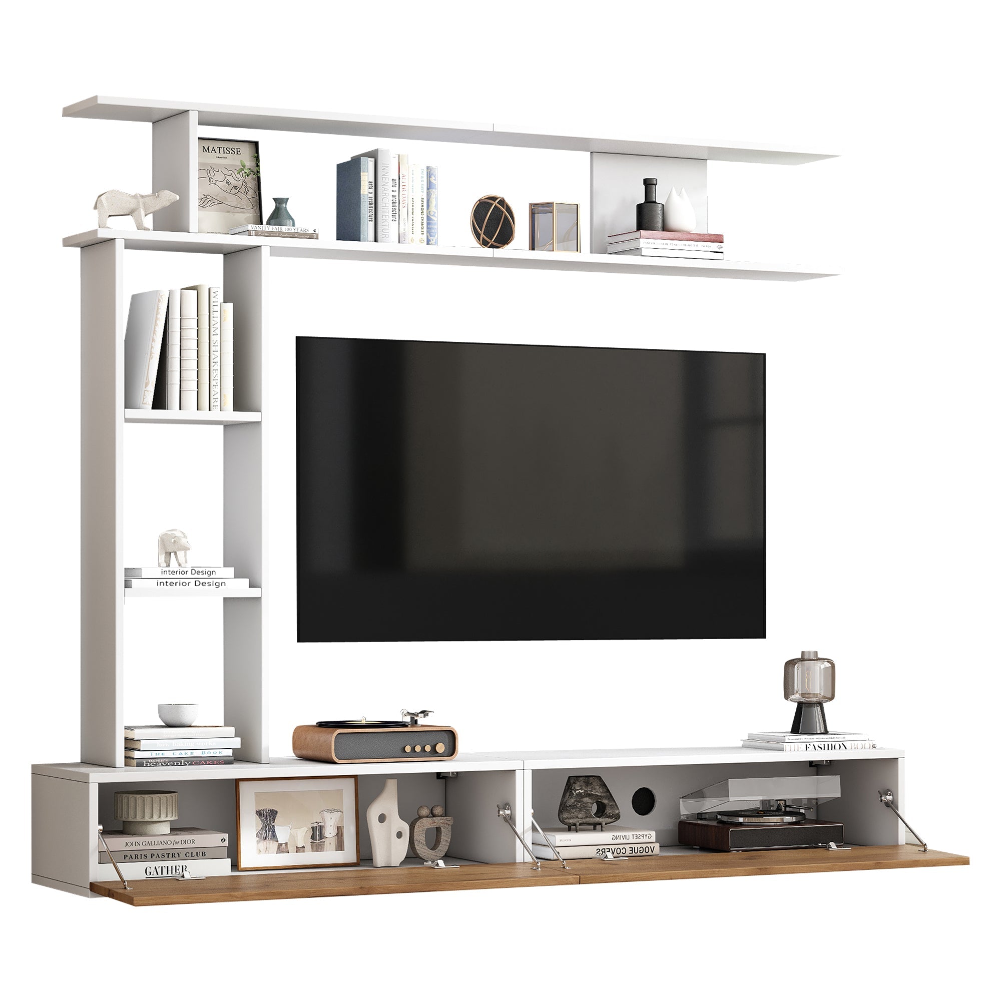 Logidon TV wandmeubel 180 cm wit houtlook met vitrinekasten