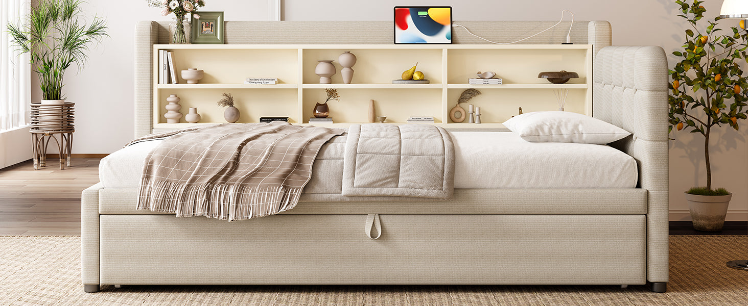 Logidon Daybed 90x200 beige linnen uitschuifbare slaapbank USB Type C